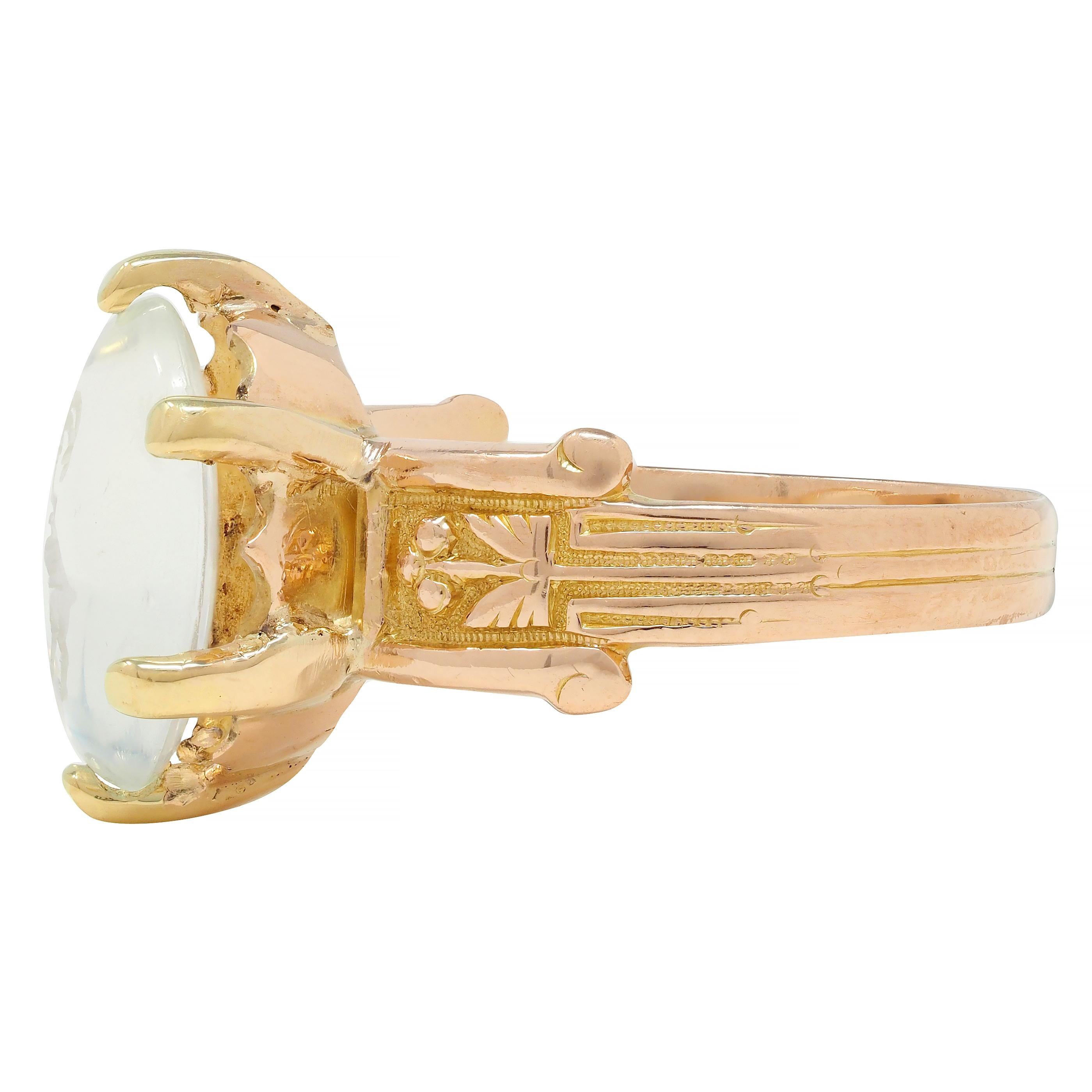 Victorian Moonstone 14 Karat Yellow Gold Ram Intaglio Thistle Antique Ring