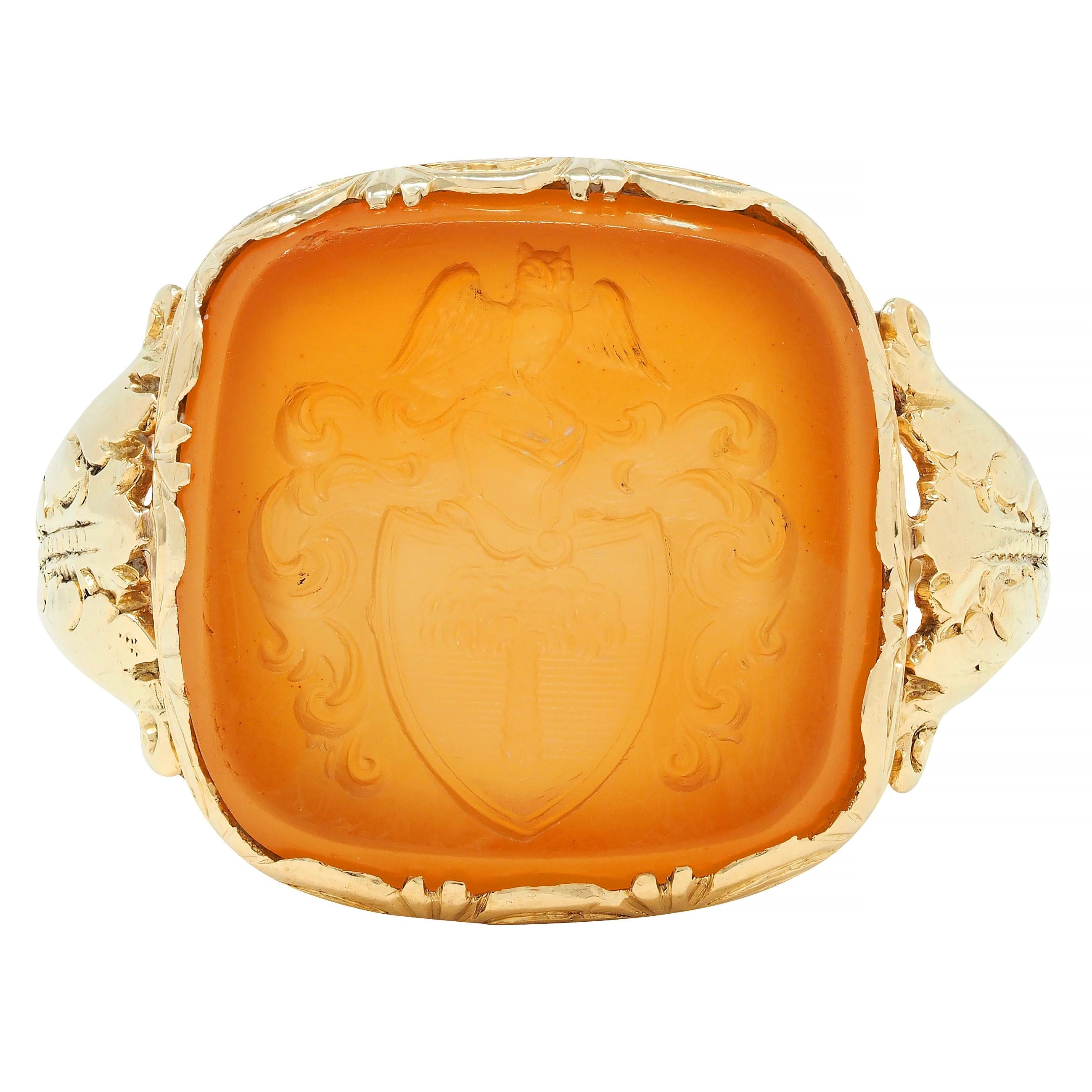 Victorian Citrine 14 Karat Yellow Gold Intaglio Antique Unisex Owl Signet Ring