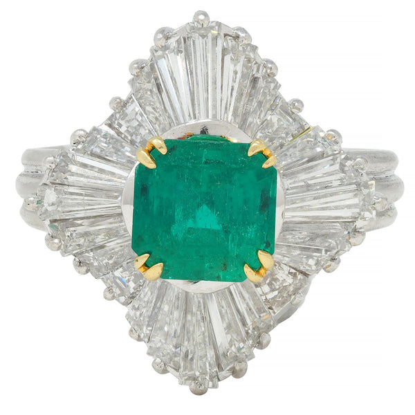 Vintage 3.58 CTW Emerald Diamond Platinum 18 Karat Gold Ballerina Halo Ring