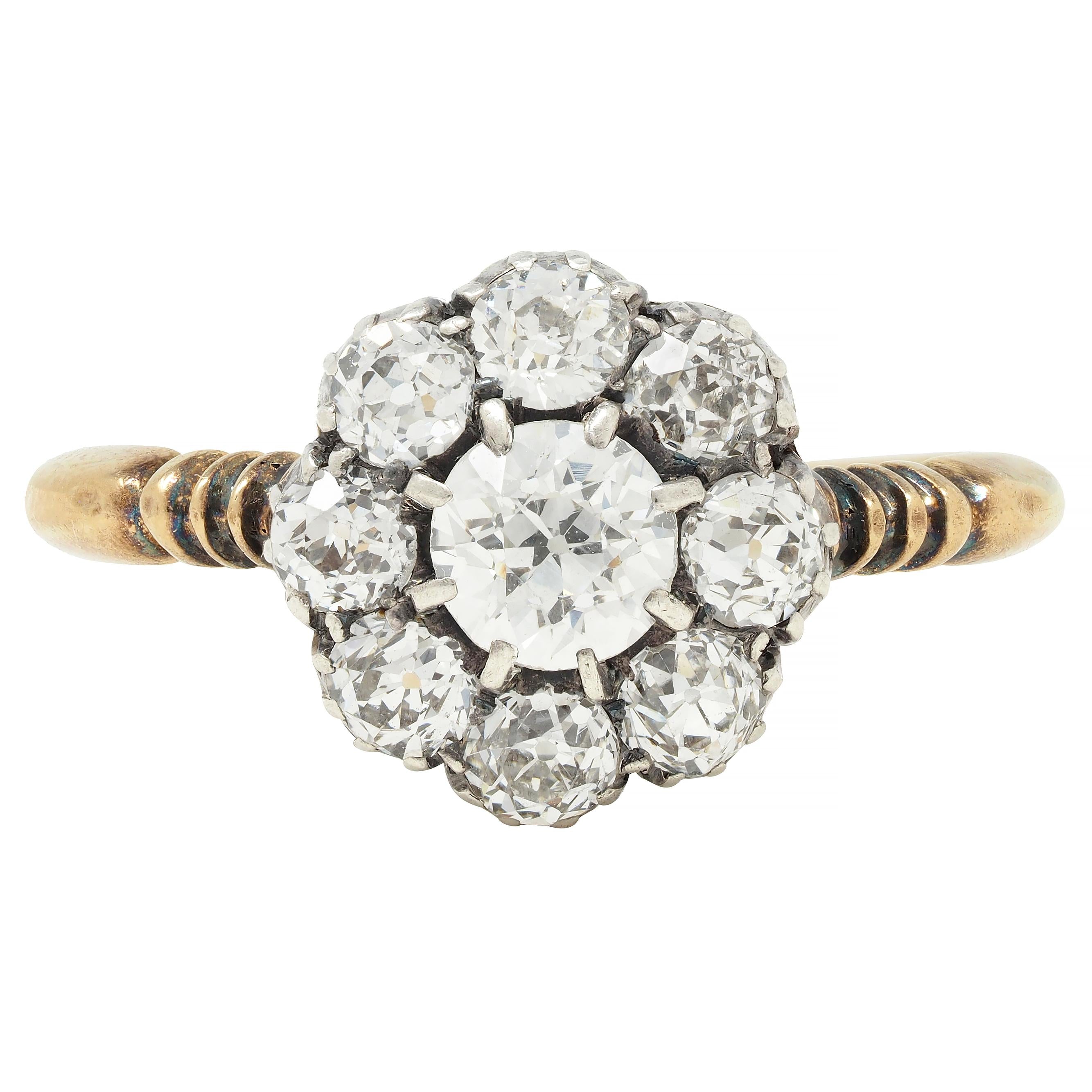 Victorian 1.36 CTW Old European Cut Diamond Silver 14 Karat Gold Halo Ring