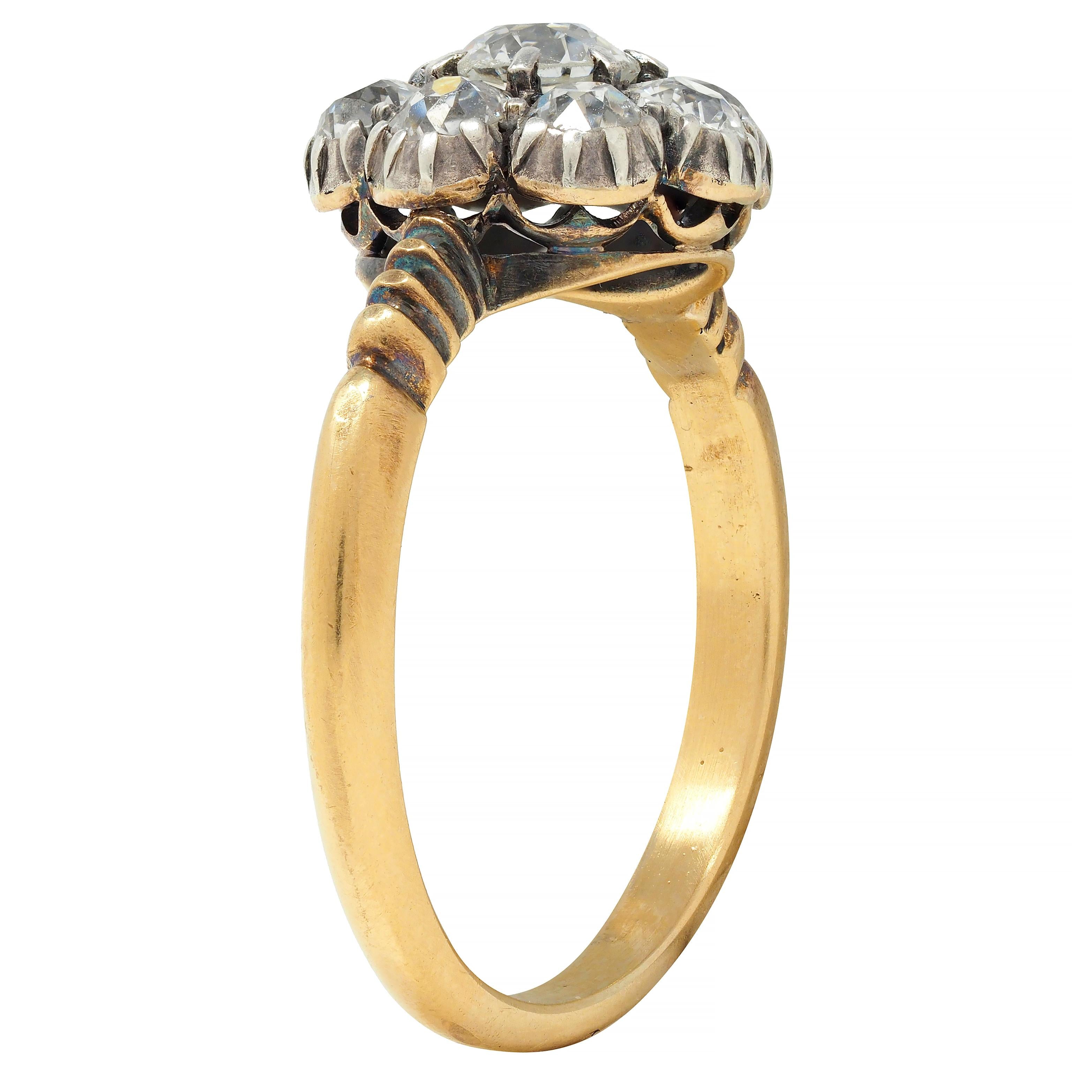 Victorian 1.36 CTW Old European Cut Diamond Silver 14 Karat Gold Halo Ring