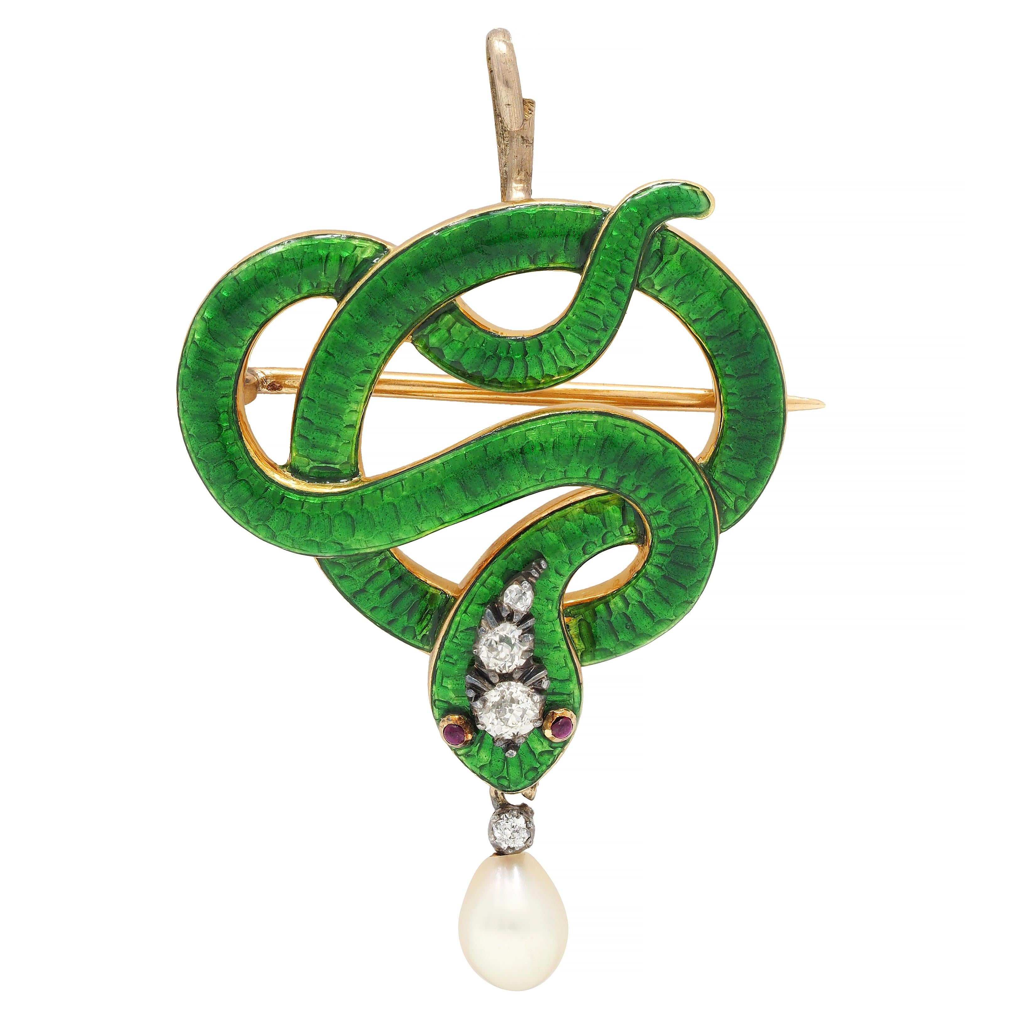 Victorian Diamond Ruby Pearl Basse-Taille Enamel 18 Karat Gold Snake Brooch