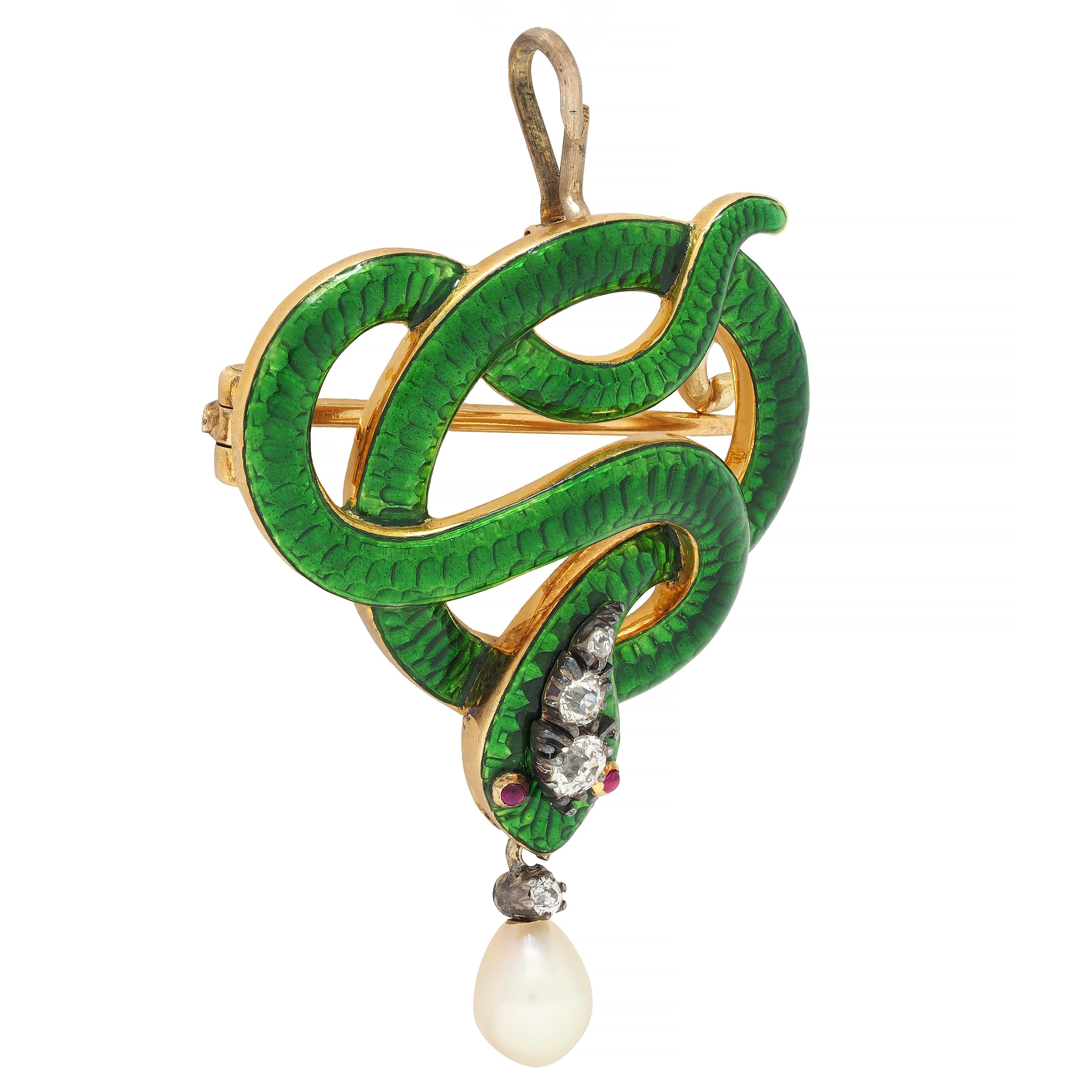 Victorian Diamond Ruby Pearl Basse-Taille Enamel 18 Karat Gold Snake Brooch