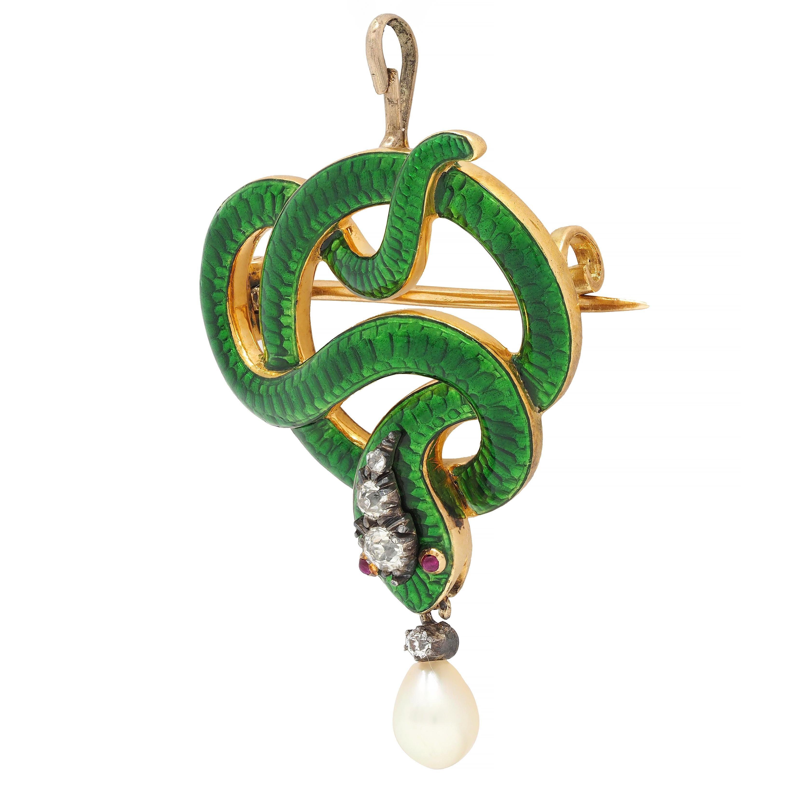 Victorian Diamond Ruby Pearl Basse-Taille Enamel 18 Karat Gold Snake Brooch