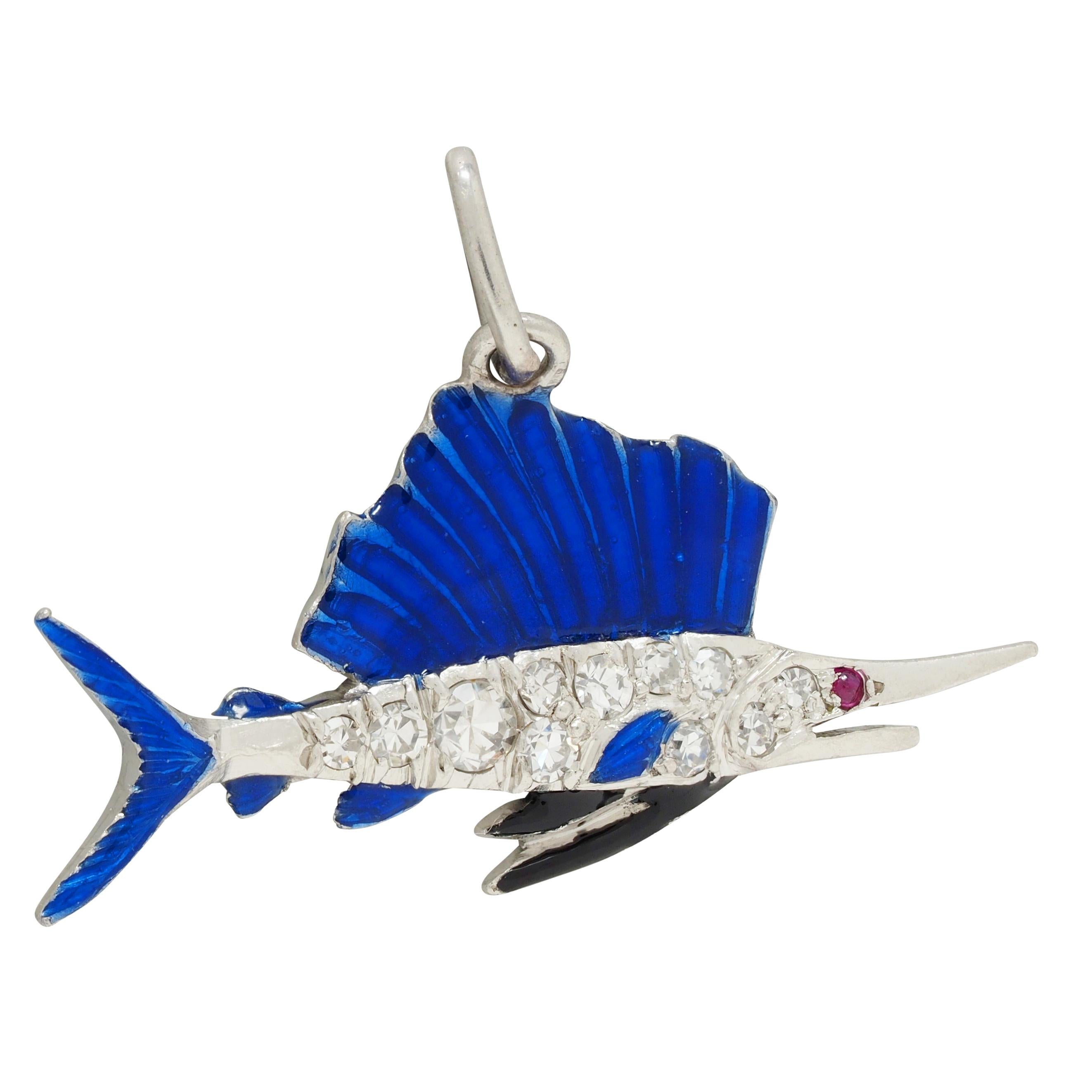Art Deco Diamond Enamel Ruby Platinum Swordfish Vintage Charm