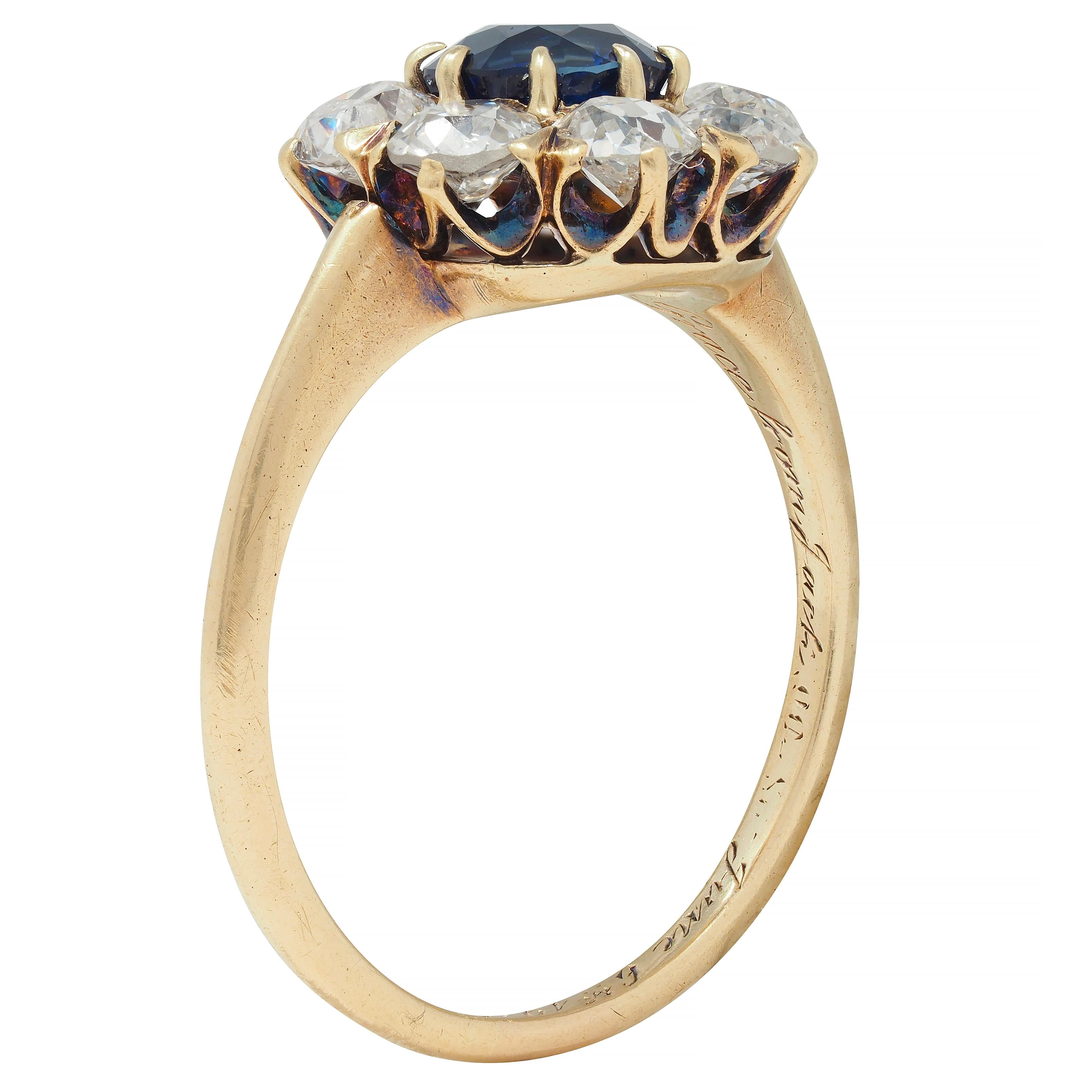 Edwardian 2.85 CTW Sapphire Diamond 14 Karat Yellow Gold Cluster Ring GIA
