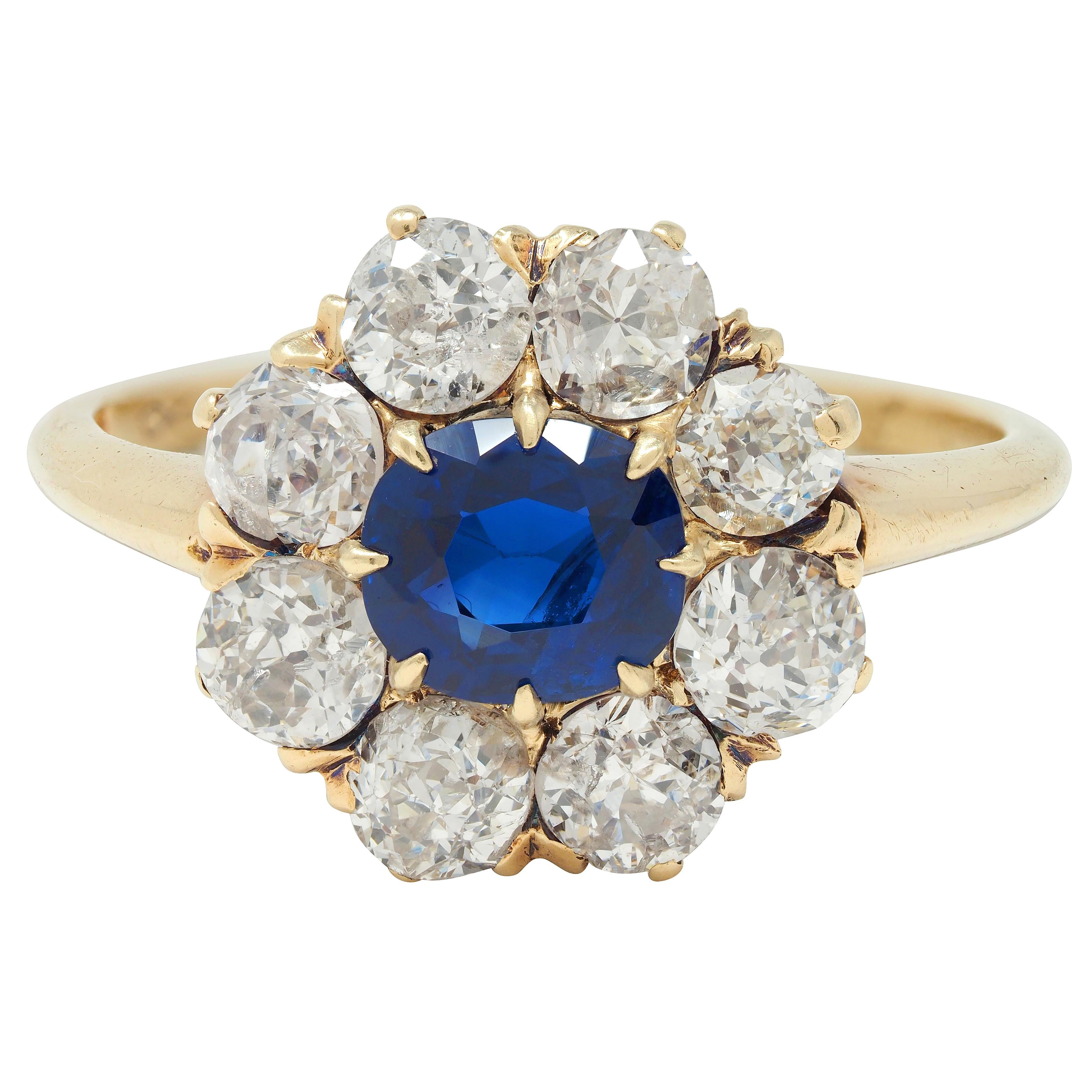 Edwardian 2.85 CTW Sapphire Diamond 14 Karat Yellow Gold Cluster Ring GIA