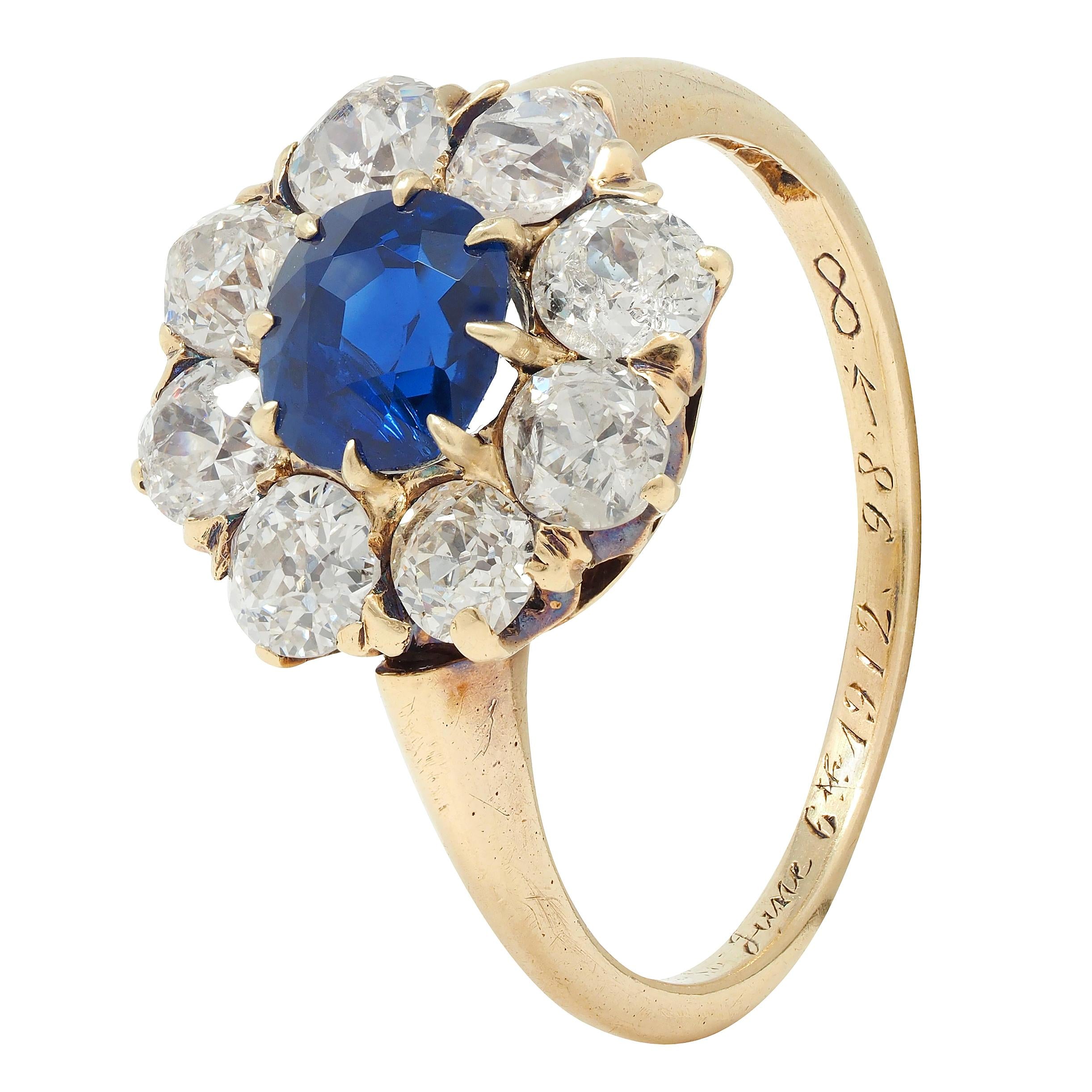 Edwardian 2.85 CTW Sapphire Diamond 14 Karat Yellow Gold Cluster Ring GIA