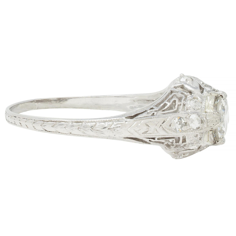 Art Deco .81 CTW Old European Diamond Platinum Greek Key Vintage Engagement Ring