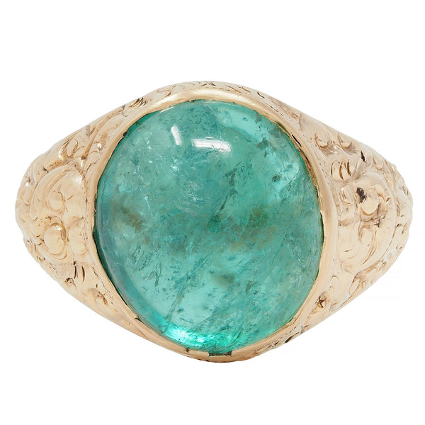 Victorian 10.16 CTW Emerald Cabochon 14 Karat Gold Scroll Antique Signet Ring
