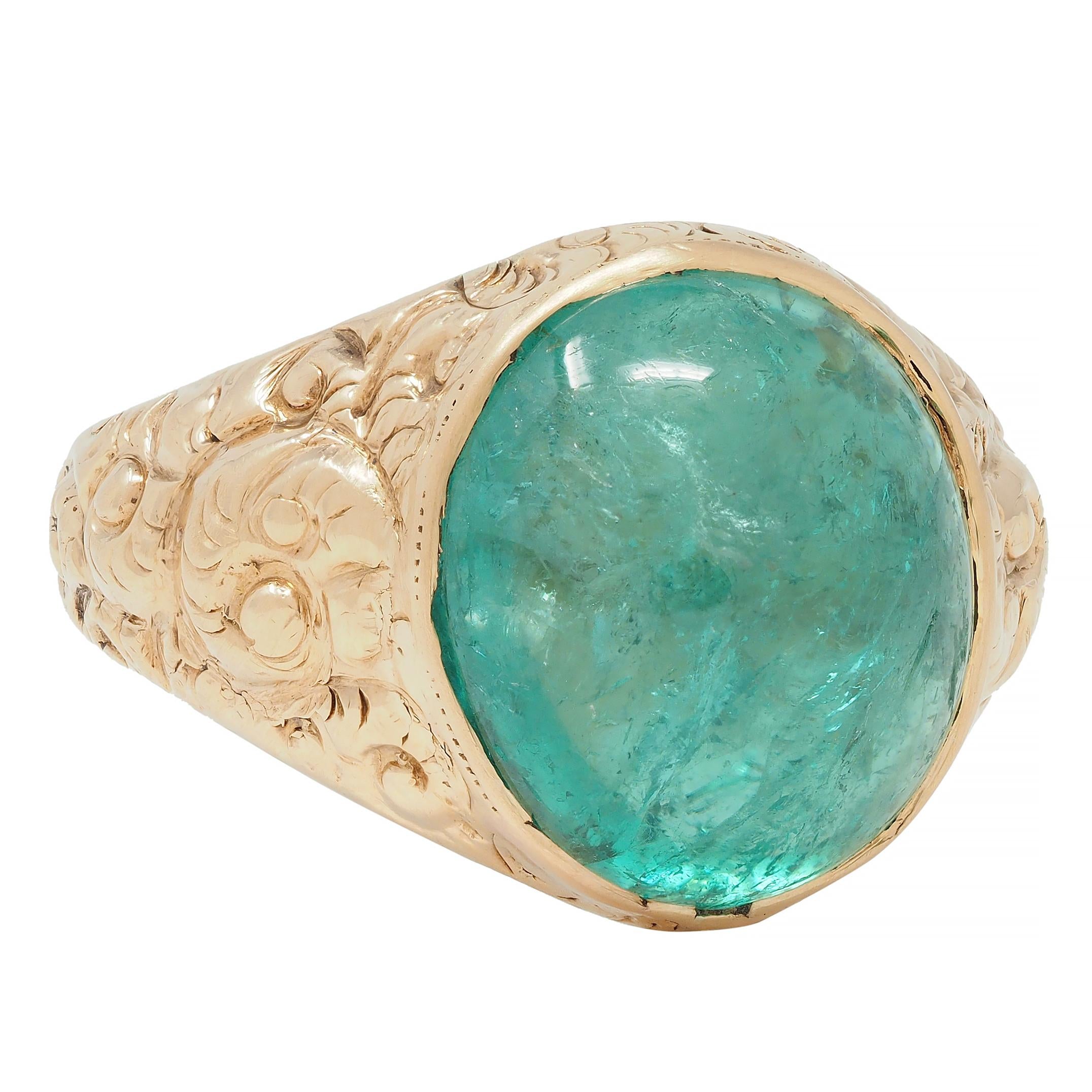 Victorian 10.16 CTW Emerald Cabochon 14 Karat Gold Scroll Antique Signet Ring