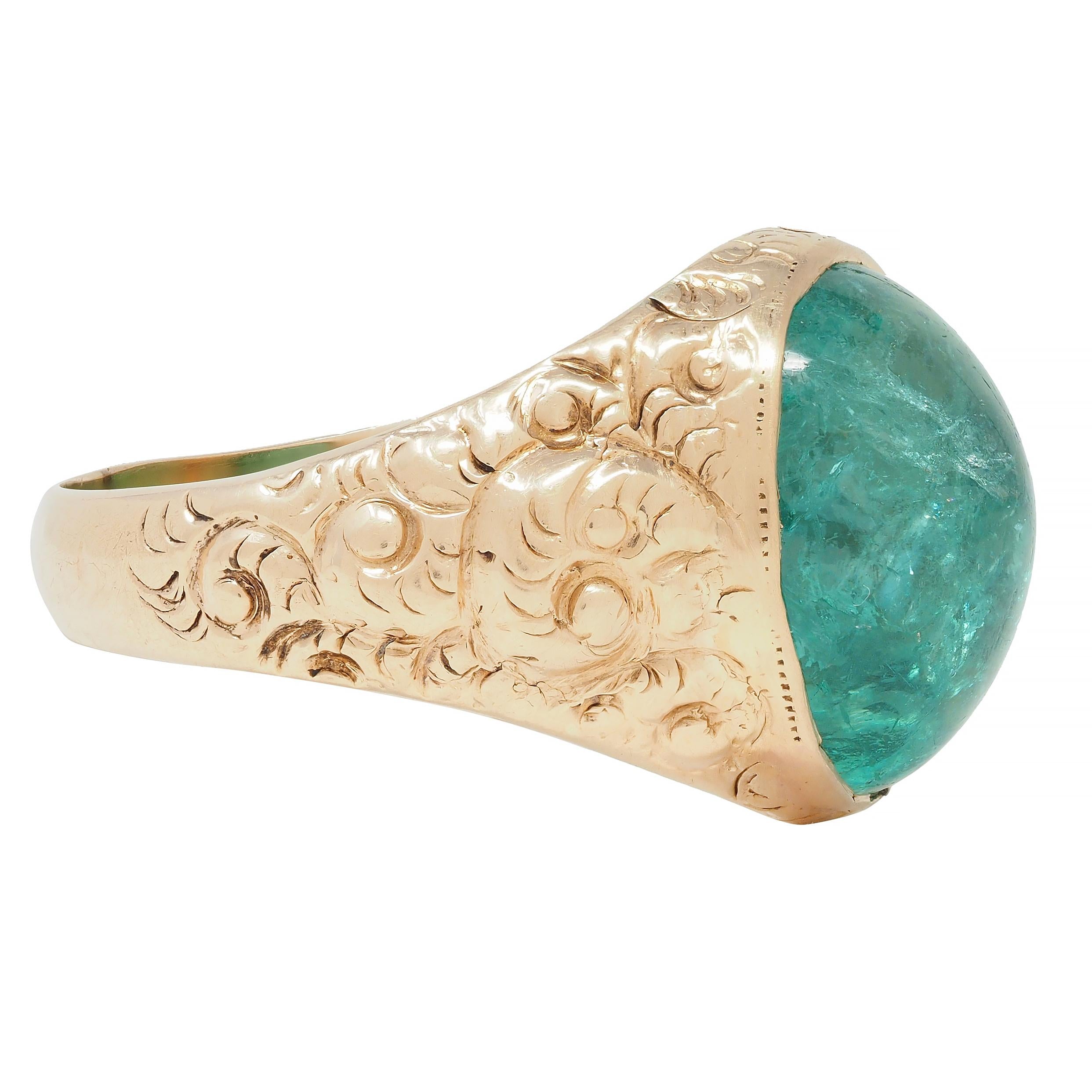 Victorian 10.16 CTW Emerald Cabochon 14 Karat Gold Scroll Antique Signet Ring