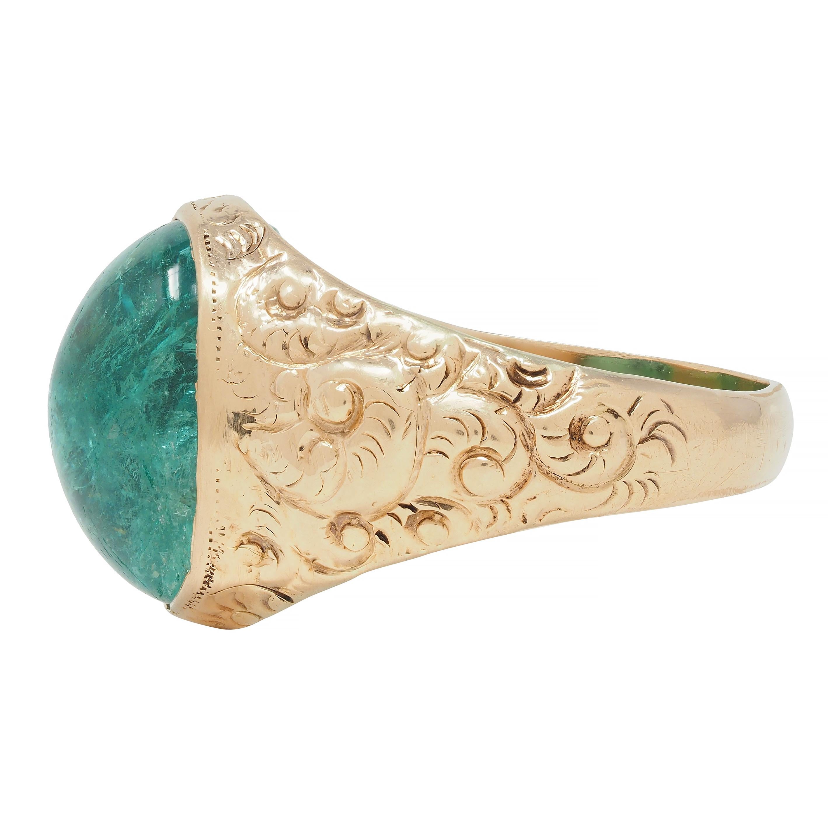 Victorian 10.16 CTW Emerald Cabochon 14 Karat Gold Scroll Antique Signet Ring