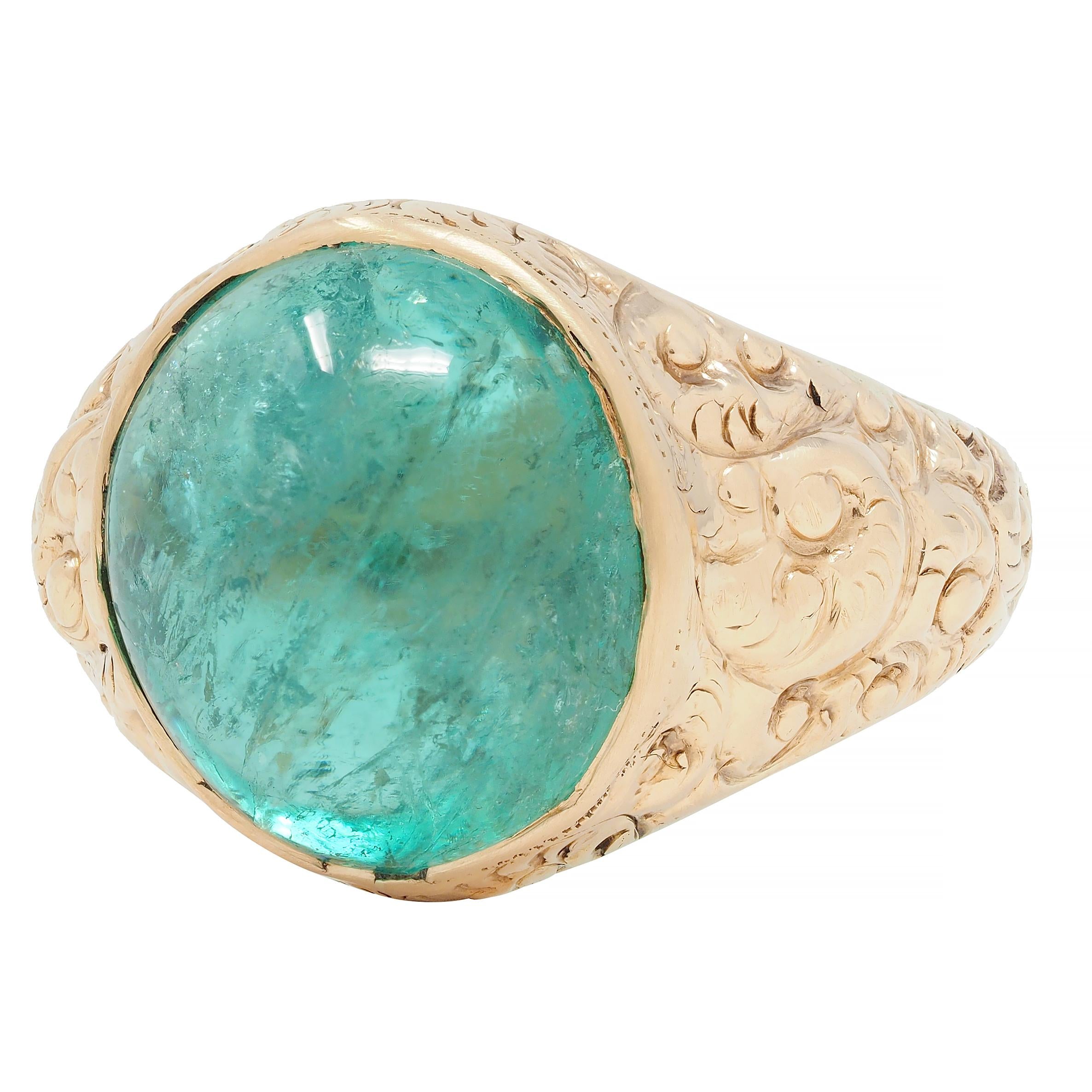 Victorian 10.16 CTW Emerald Cabochon 14 Karat Gold Scroll Antique Signet Ring