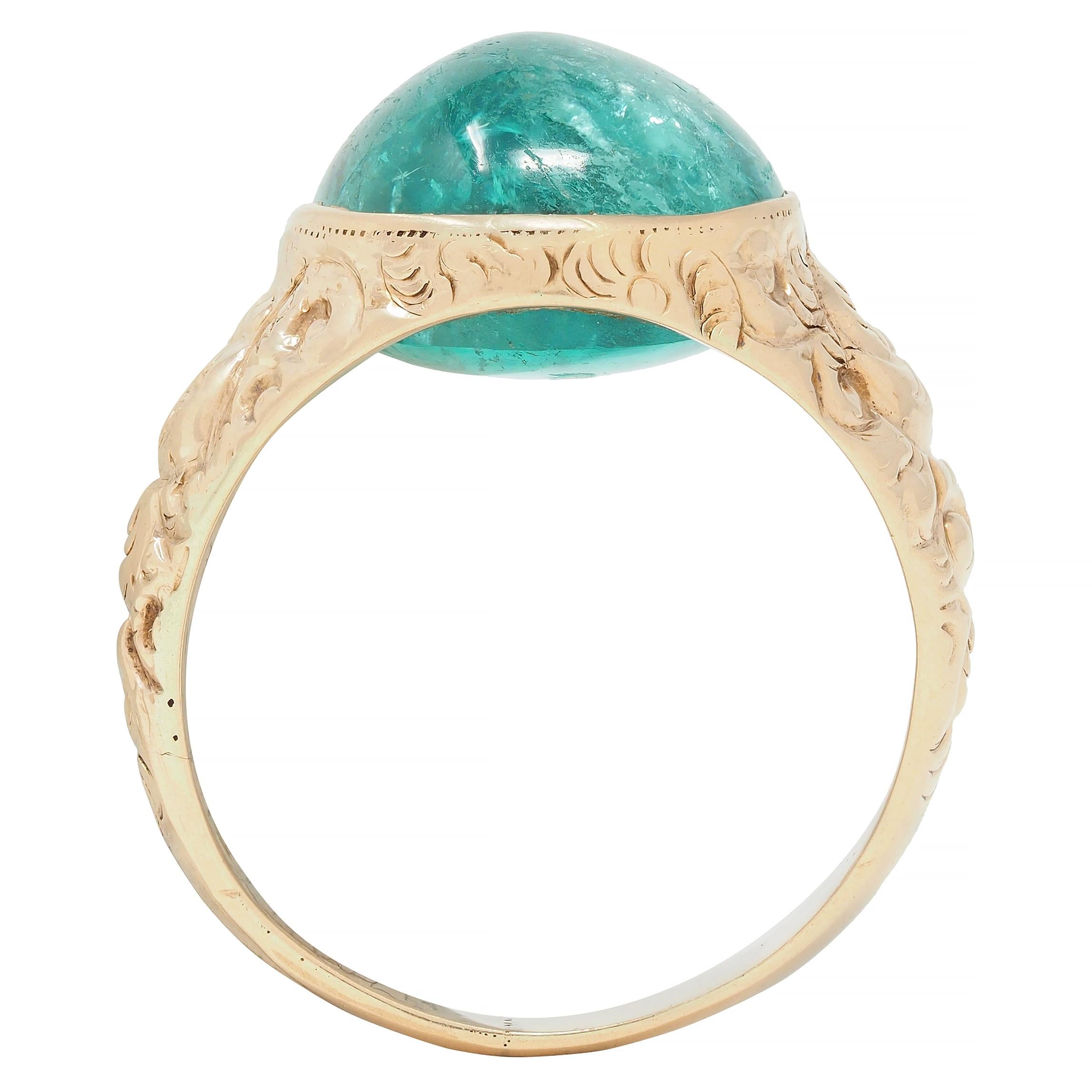 Victorian 10.16 CTW Emerald Cabochon 14 Karat Gold Scroll Antique Signet Ring