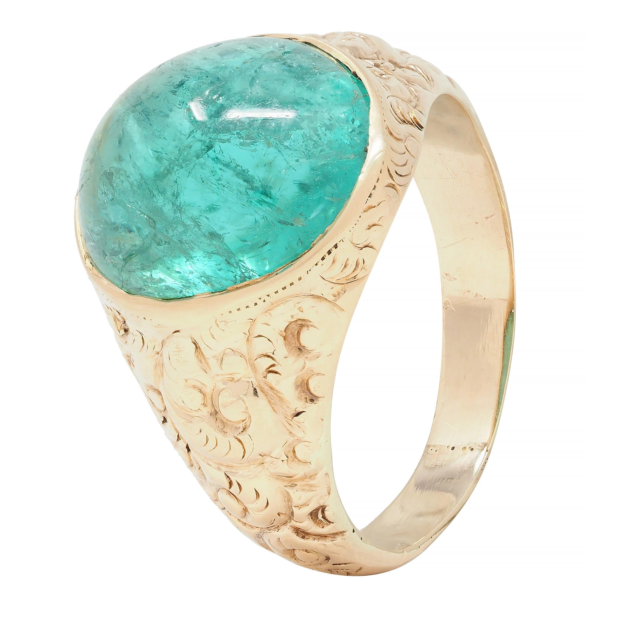 Victorian 10.16 CTW Emerald Cabochon 14 Karat Gold Scroll Antique Signet Ring