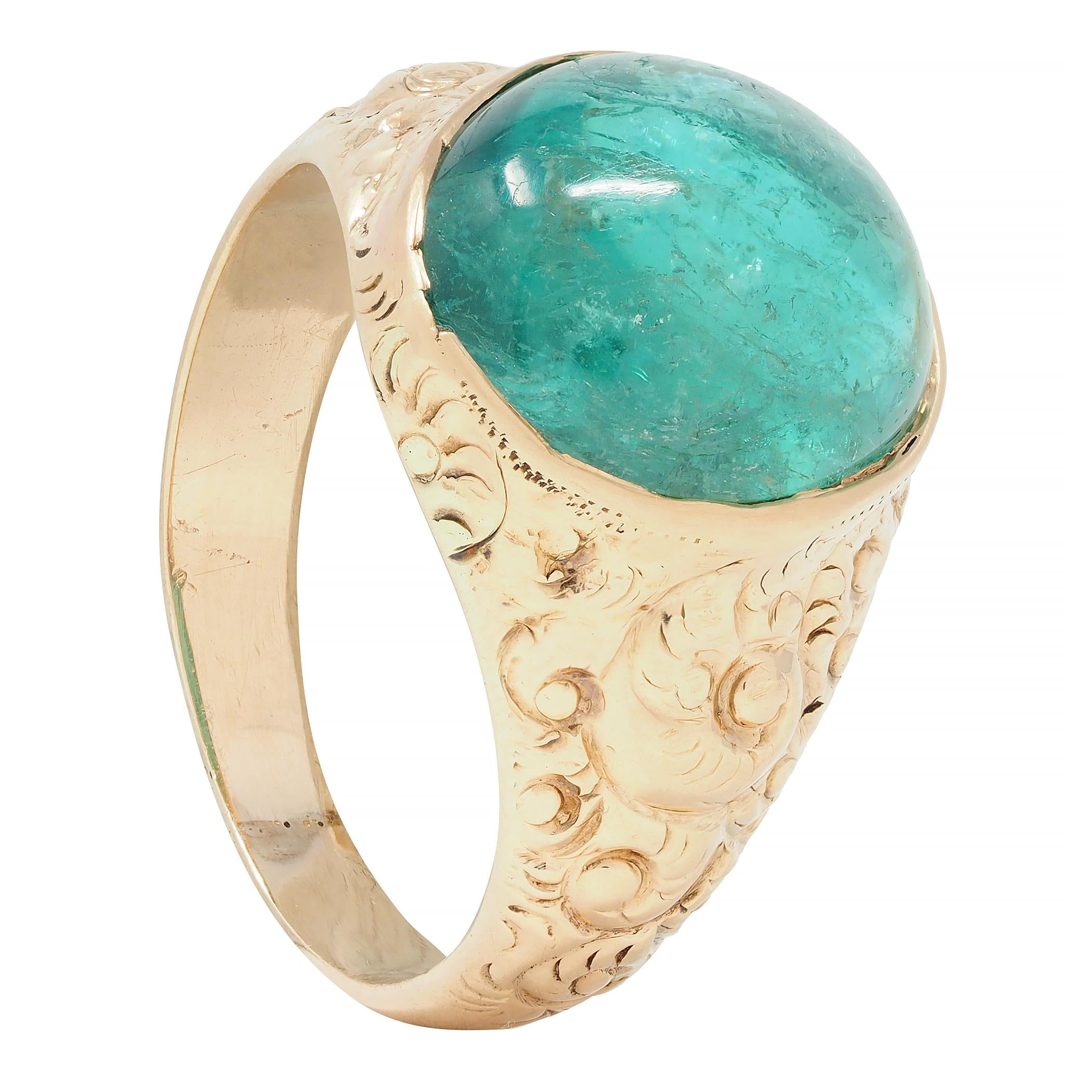 Victorian 10.16 CTW Emerald Cabochon 14 Karat Gold Scroll Antique Signet Ring