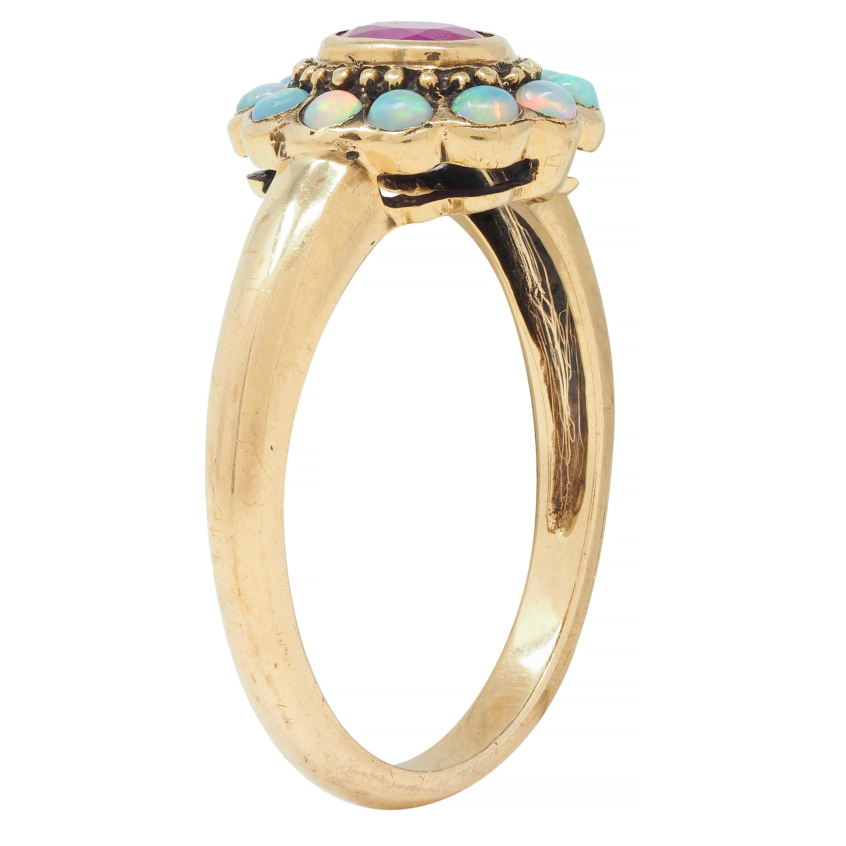 Victorian Ruby Opal 9 Karat Yellow Gold Antique Halo Ring
