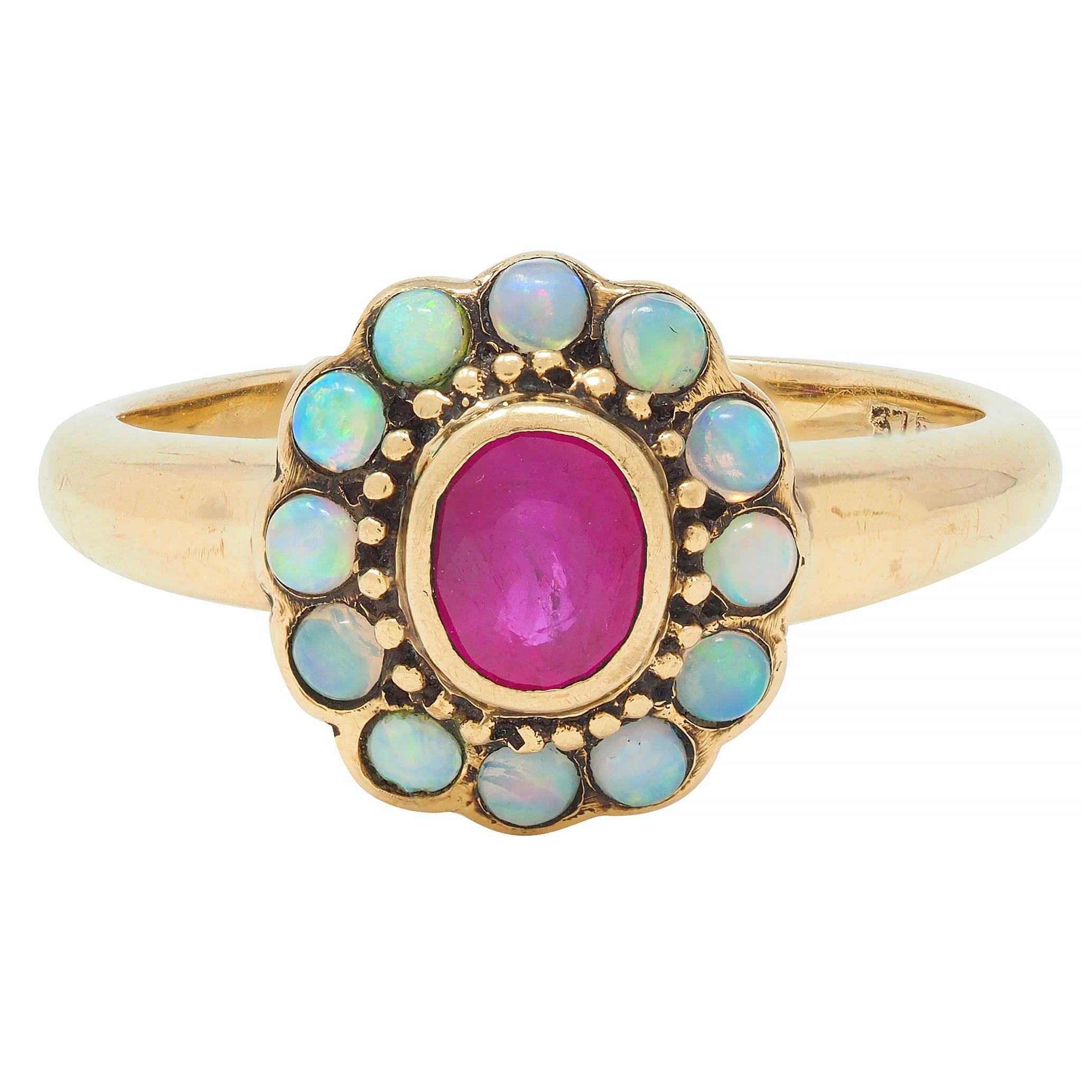 Victorian Ruby Opal 9 Karat Yellow Gold Antique Halo Ring
