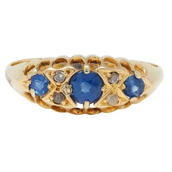 Victorian 1890 Sapphire Diamond 18 Karat Yellow Gold Three Stone Band Ring