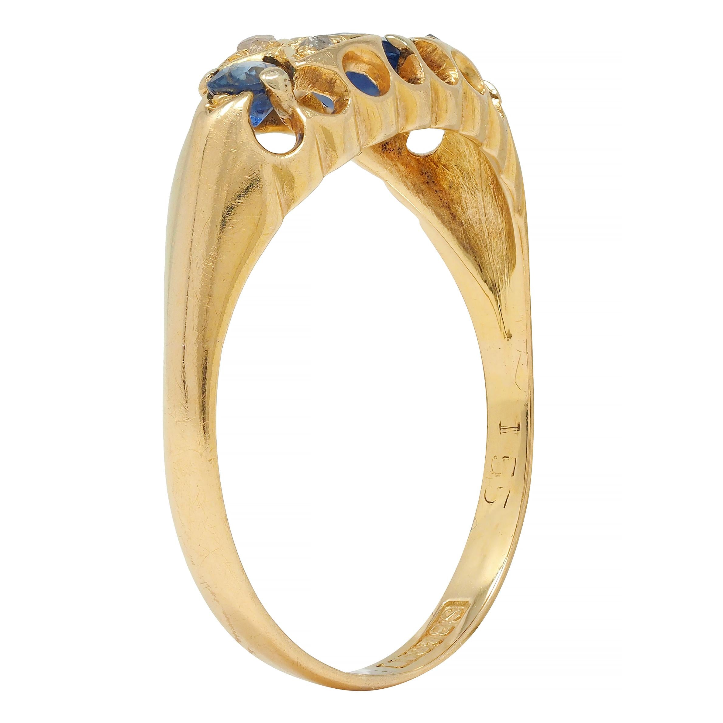 Victorian 1890 Sapphire Diamond 18 Karat Yellow Gold Three Stone Band Ring