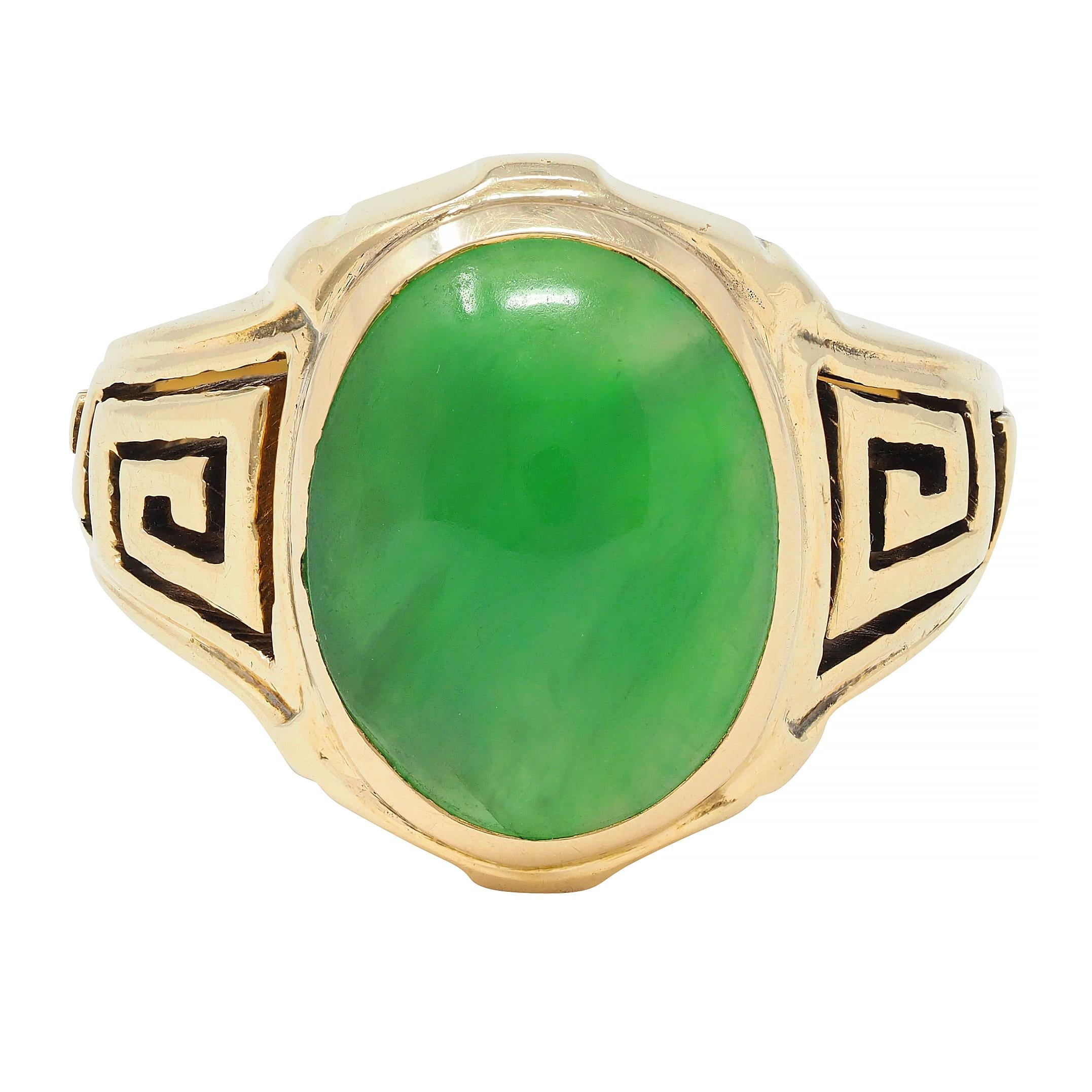 Art Deco Natural Jade 14 Karat Yellow Gold Greek Key Antique Signet Ring GIA