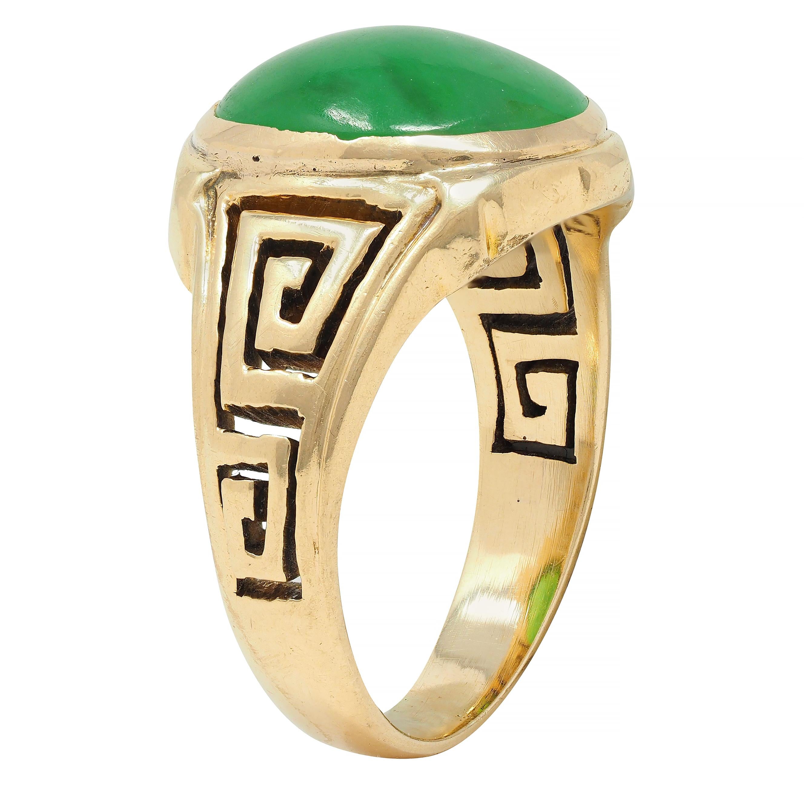 Art Deco Natural Jade 14 Karat Yellow Gold Greek Key Antique Signet Ring GIA