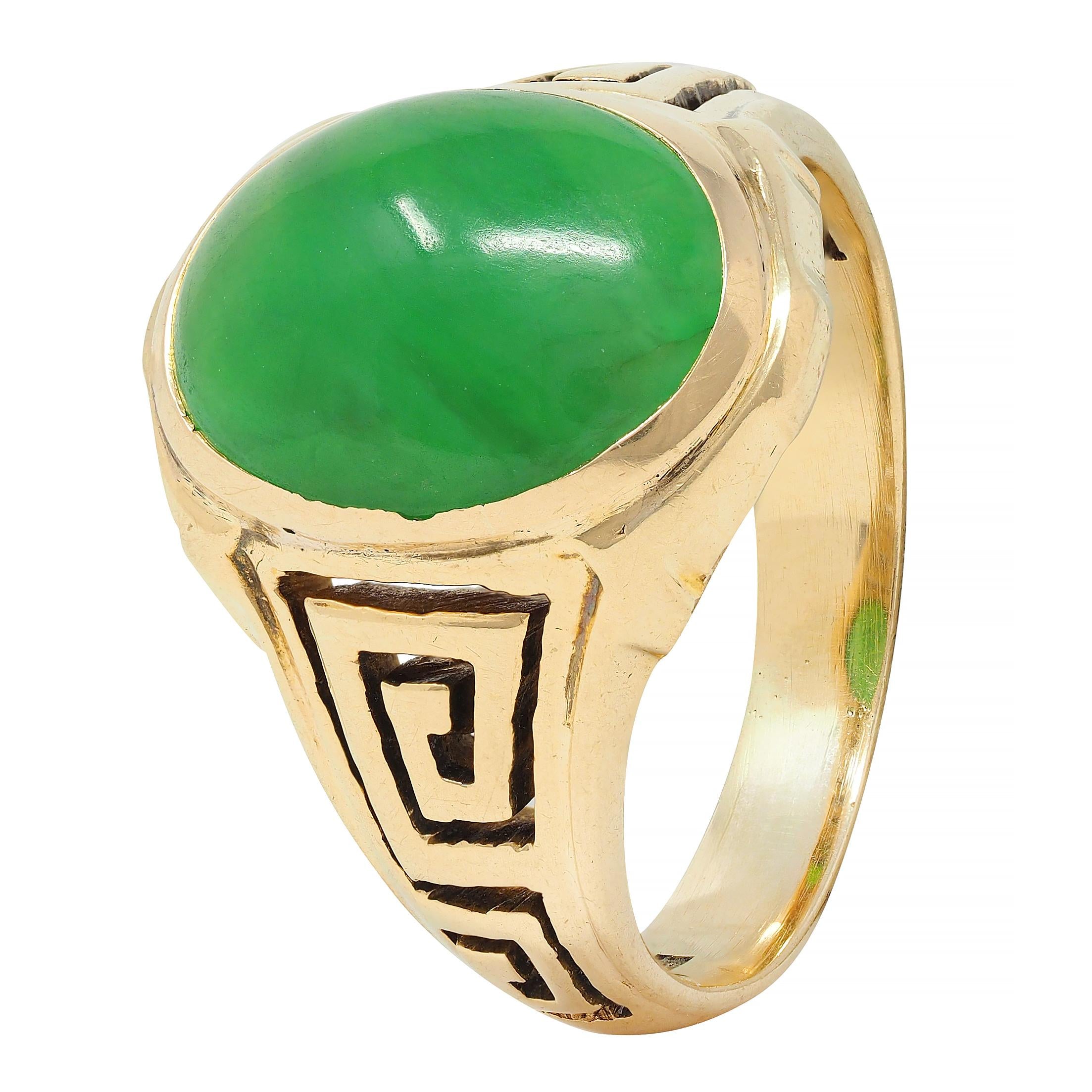 Art Deco Natural Jade 14 Karat Yellow Gold Greek Key Antique Signet Ring GIA