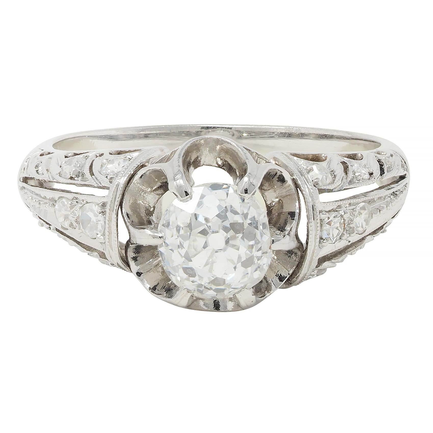 Edwardian 1.16 CTW Old Mine Cut Diamond Platinum Buttercup Engagement Ring
