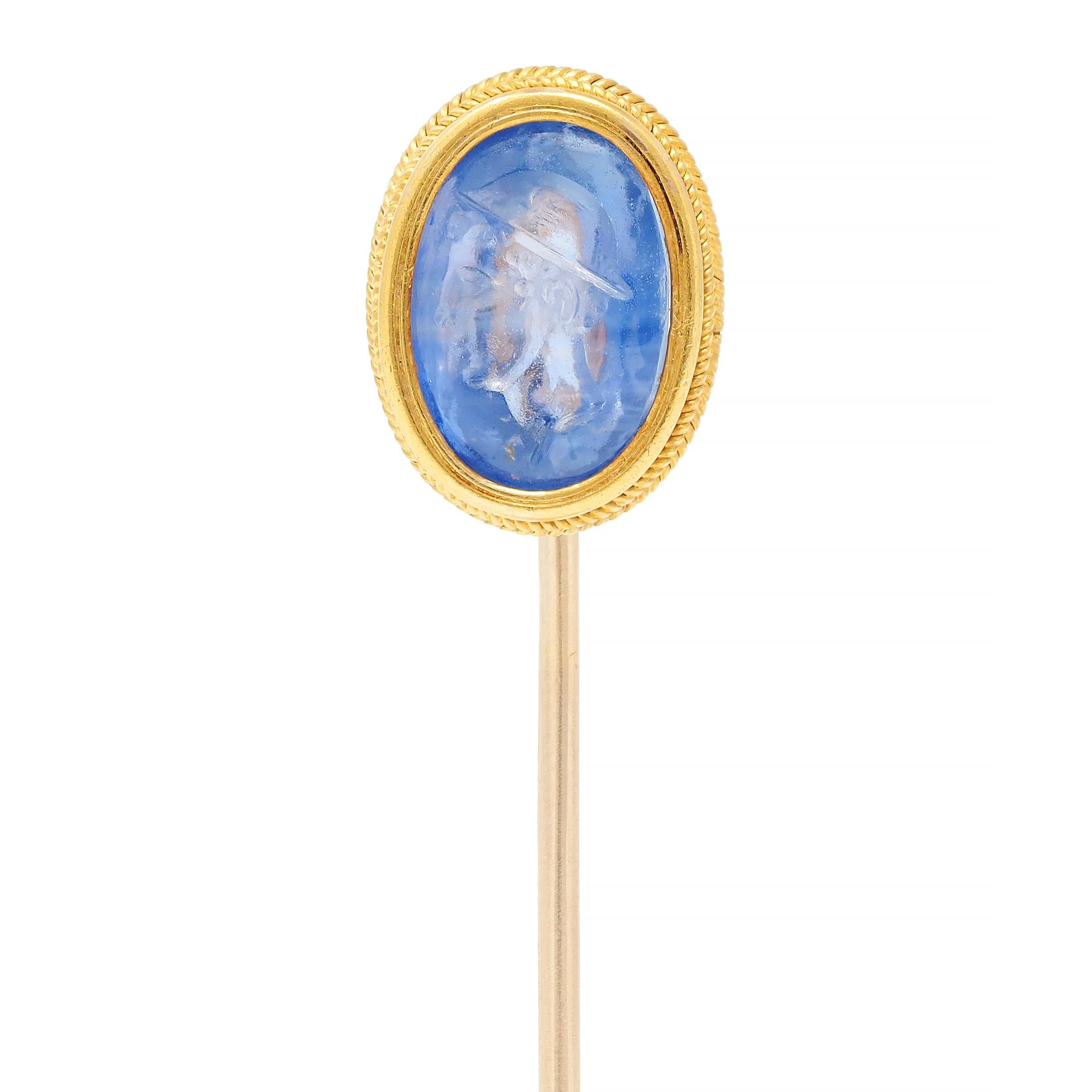 Victorian 5.18 CTW Sapphire 18 Karat Yellow Gold Herme Intaglio Antique Stickpin