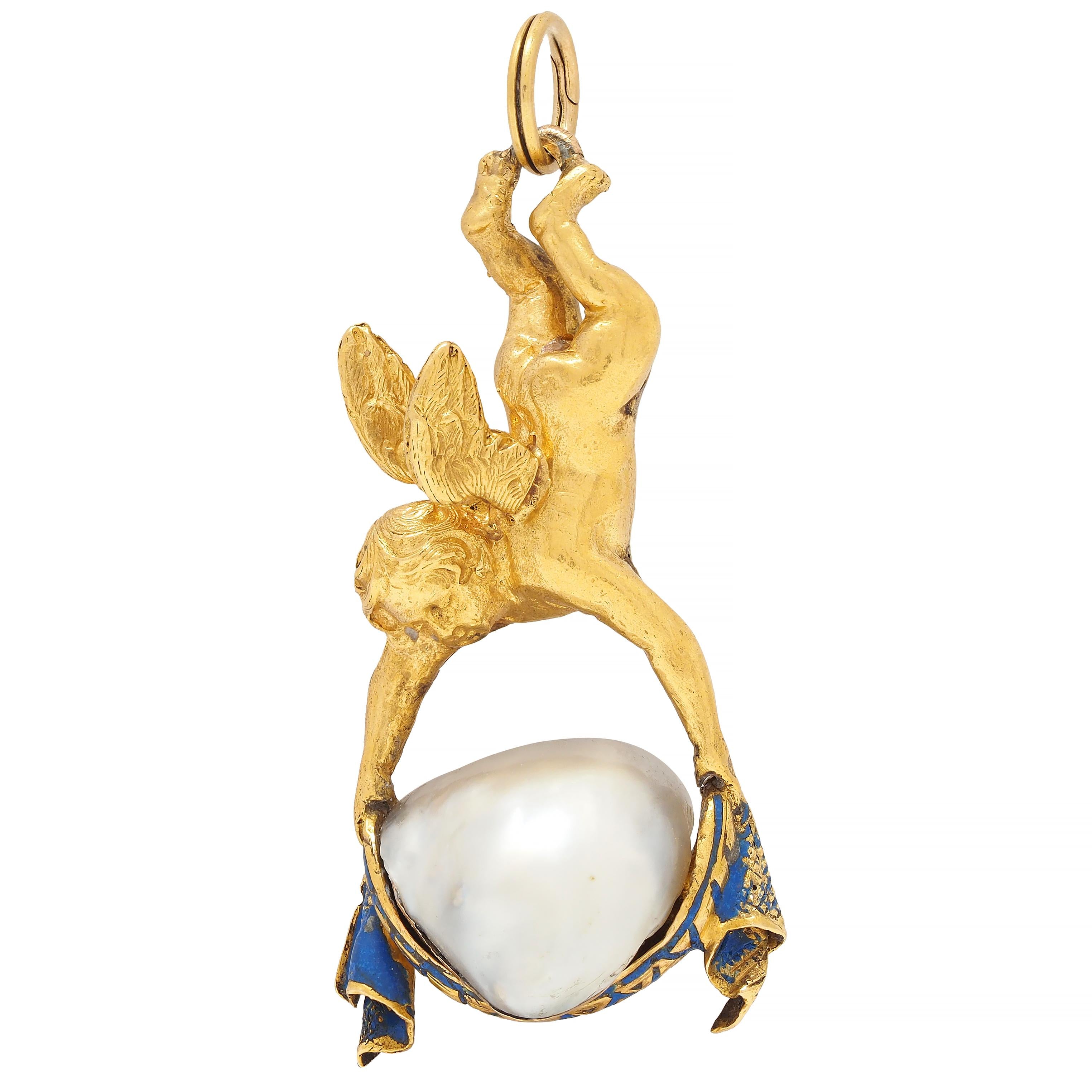 Victorian French Pearl Enamel 18 Karat Yellow Gold Cherub Antique Pendant Charm