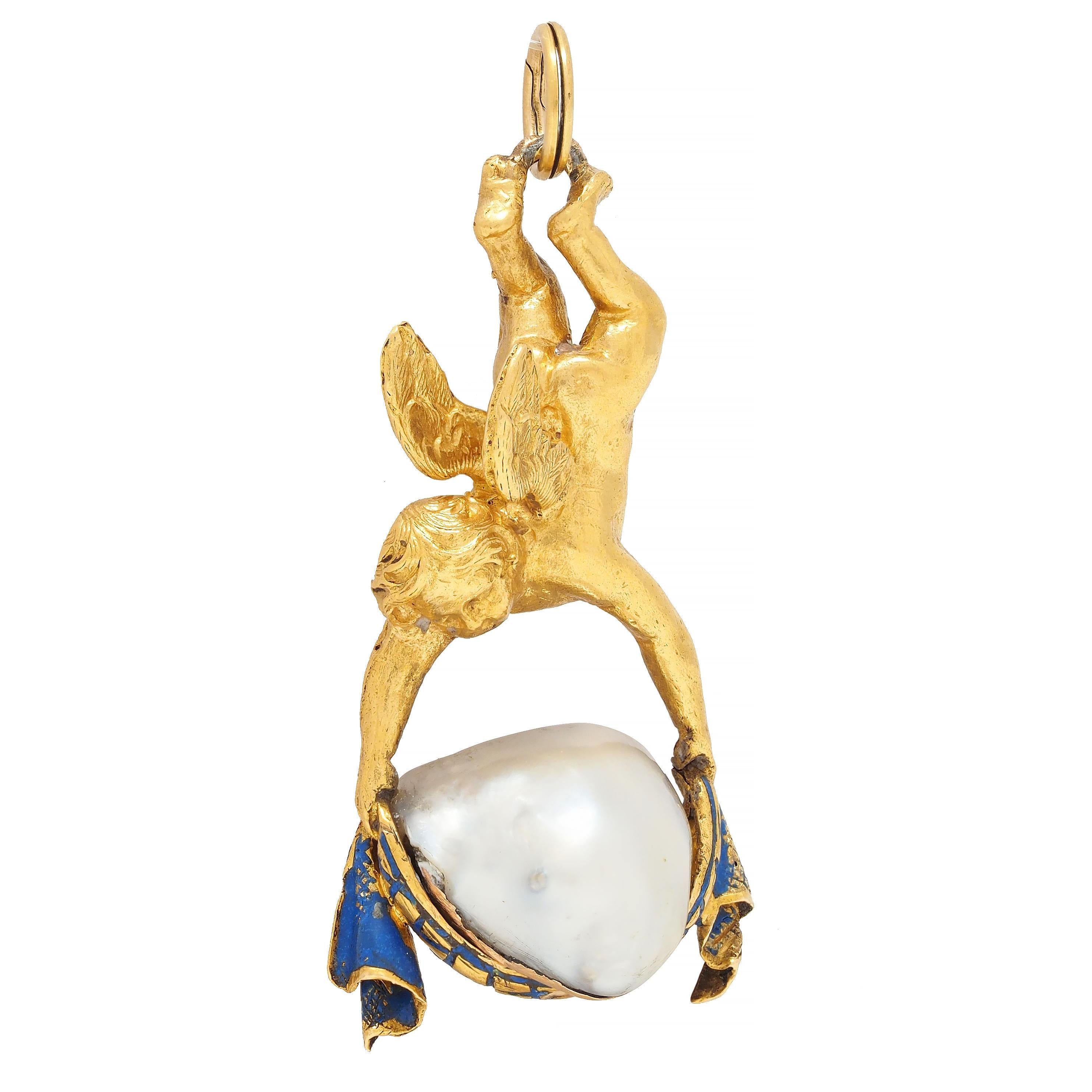 Victorian French Pearl Enamel 18 Karat Yellow Gold Cherub Antique Pendant Charm