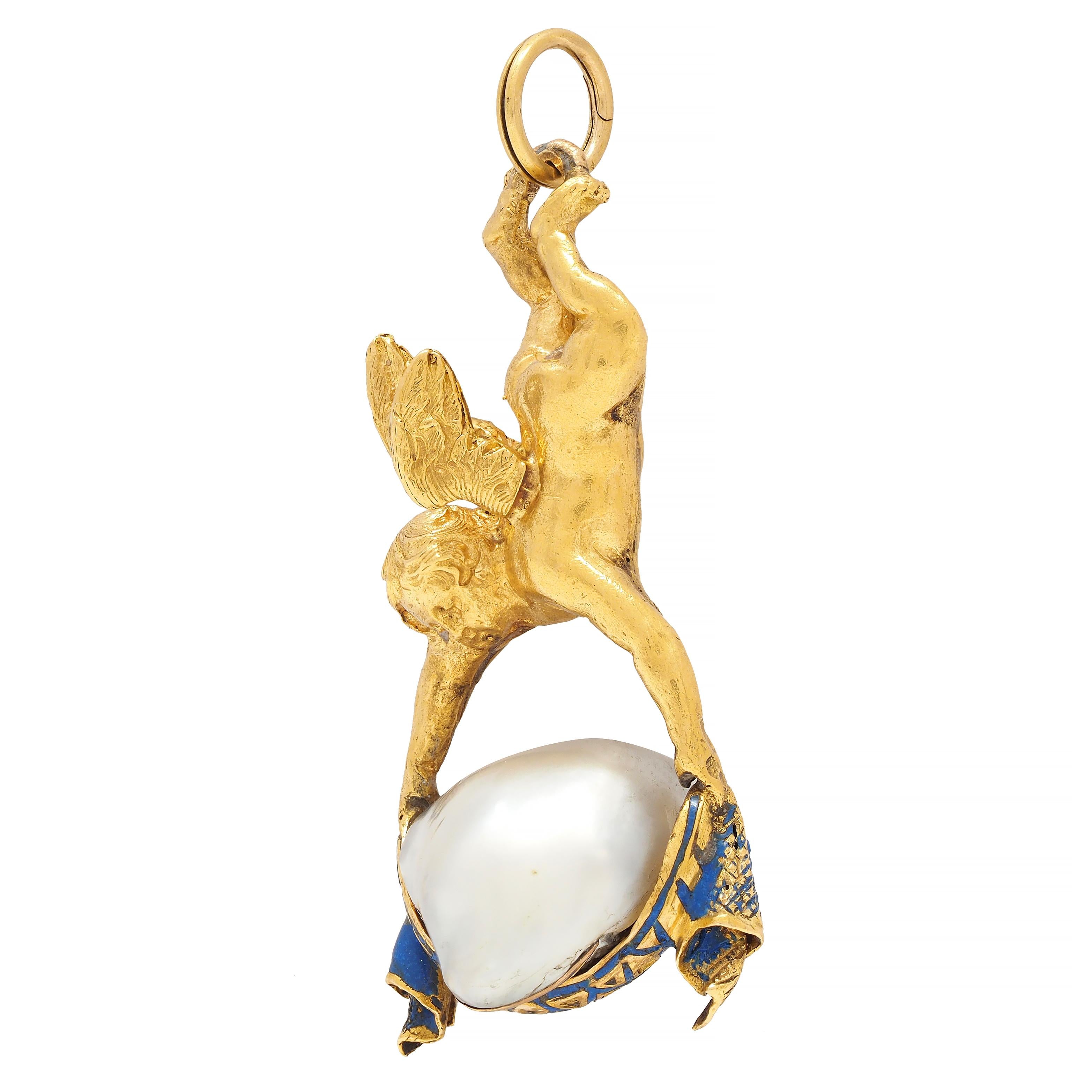 Victorian French Pearl Enamel 18 Karat Yellow Gold Cherub Antique Pendant Charm