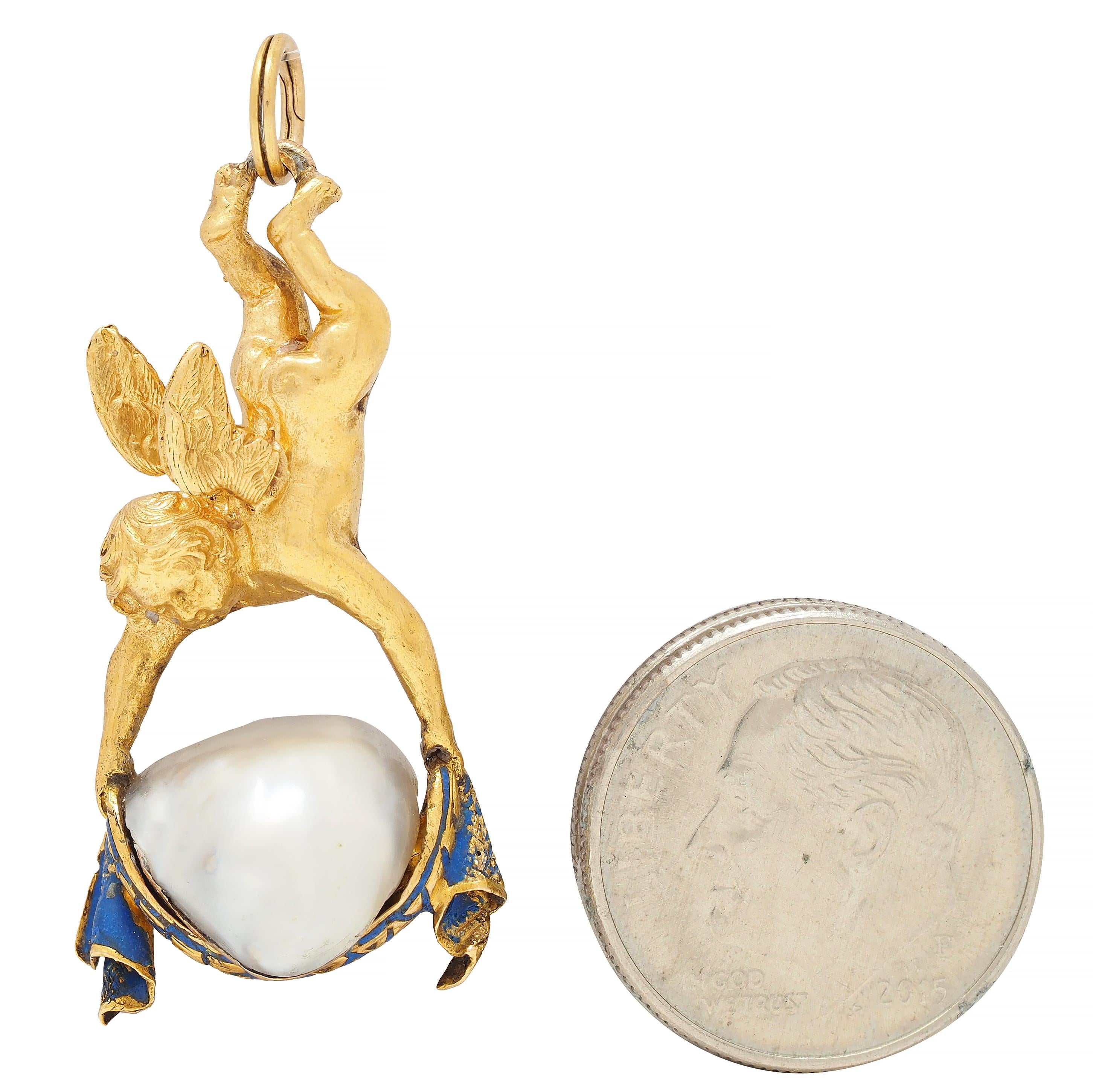 Victorian French Pearl Enamel 18 Karat Yellow Gold Cherub Antique Pendant Charm