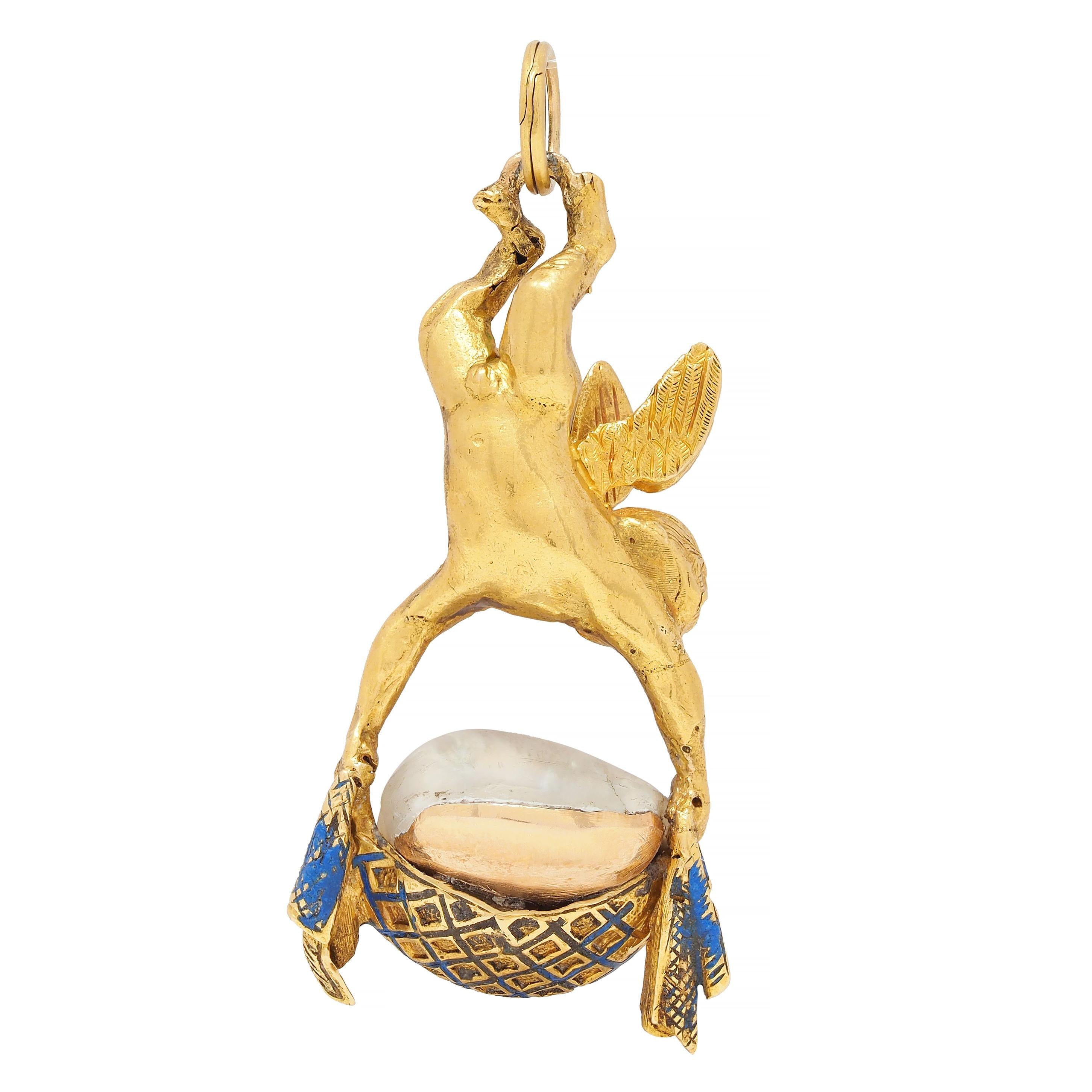 Victorian French Pearl Enamel 18 Karat Yellow Gold Cherub Antique Pendant Charm