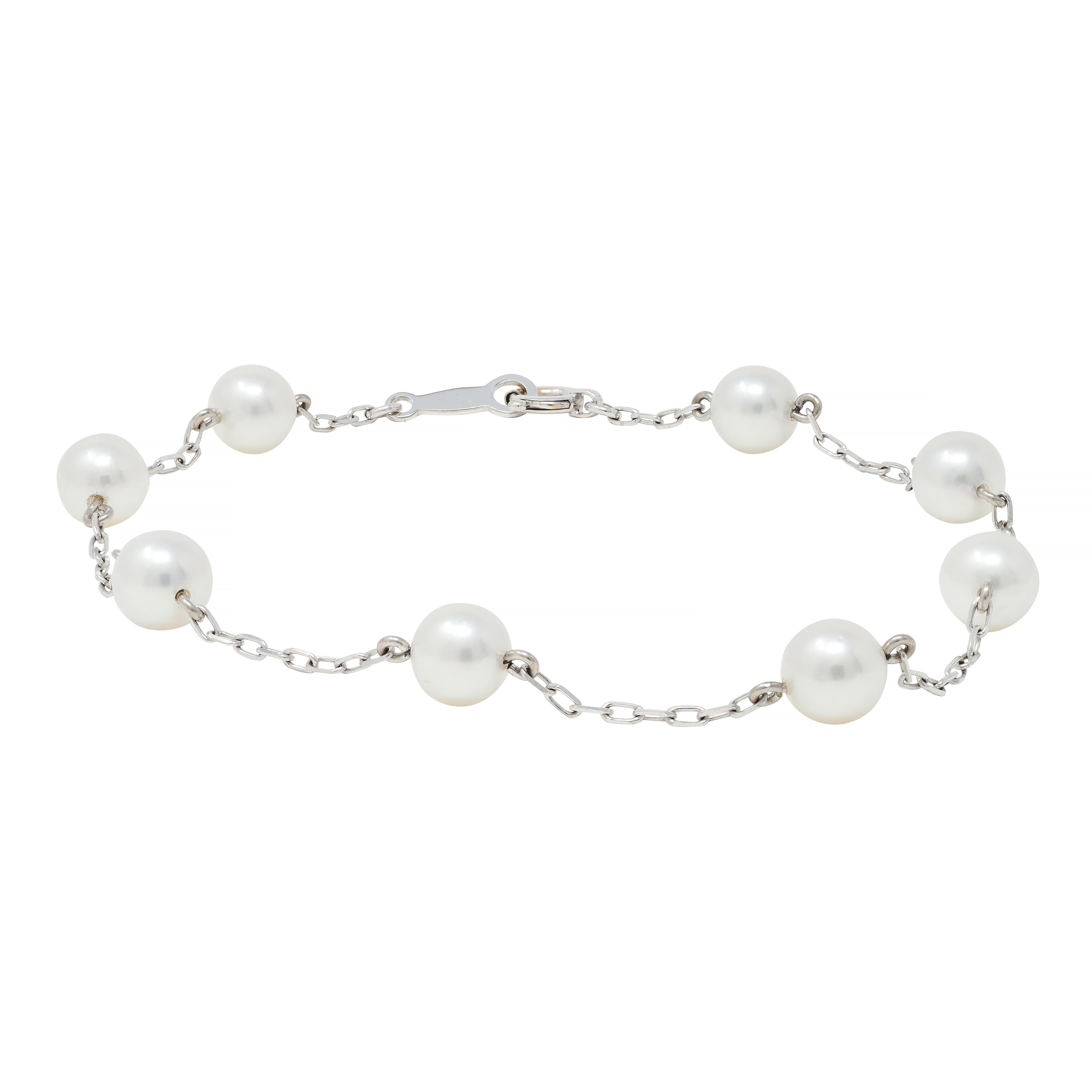 Mikimoto Cultured Pearl 18 Karat White Gold Vintage Beaded Link Bracelet