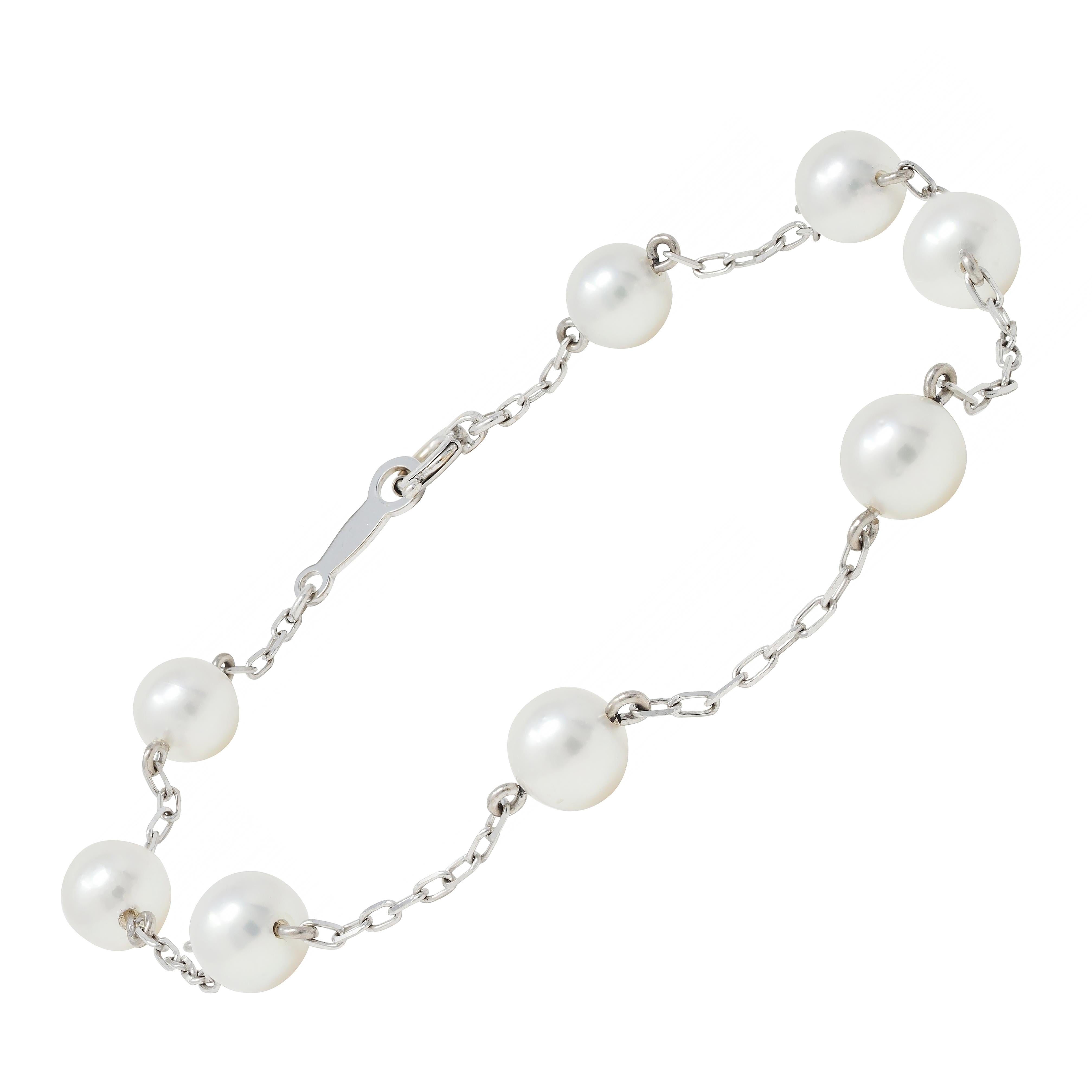 Mikimoto Cultured Pearl 18 Karat White Gold Vintage Beaded Link Bracelet
