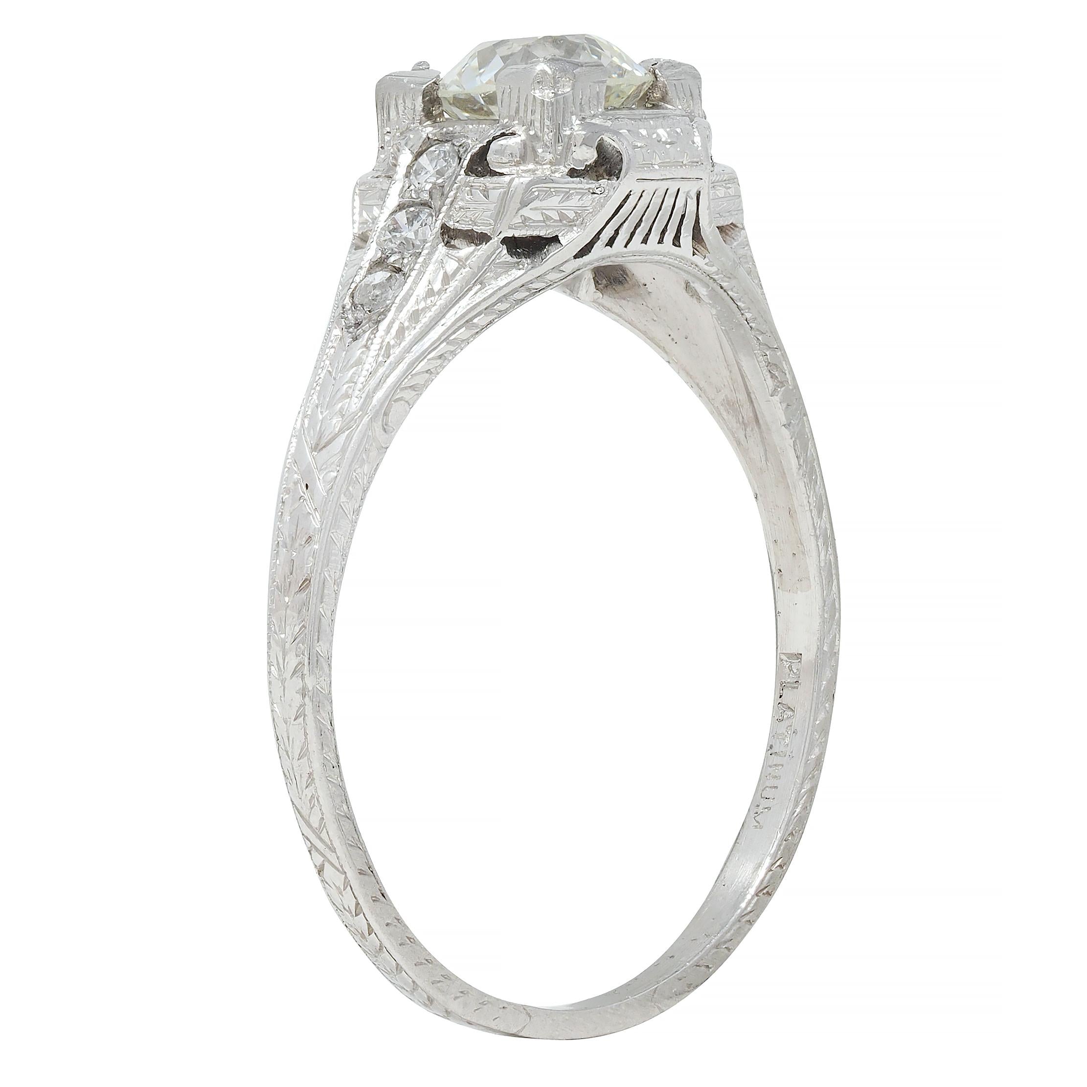 Art Deco 0.88 CTW Old European Cut Diamond Platinum Wheat Engagement Ring