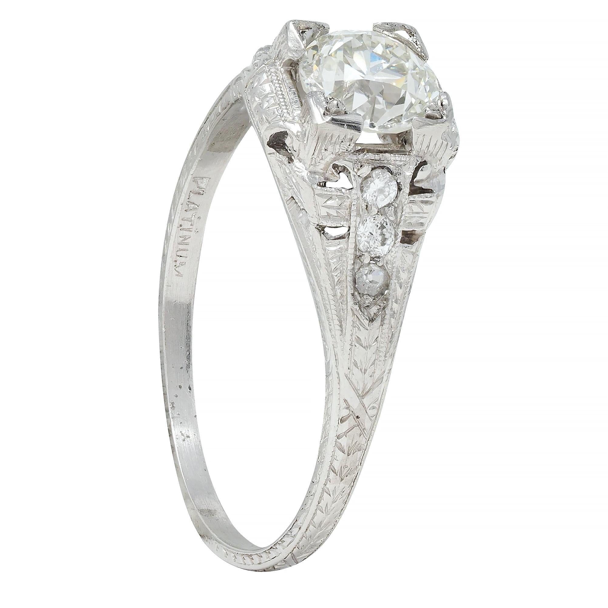 Art Deco 0.88 CTW Old European Cut Diamond Platinum Wheat Engagement Ring