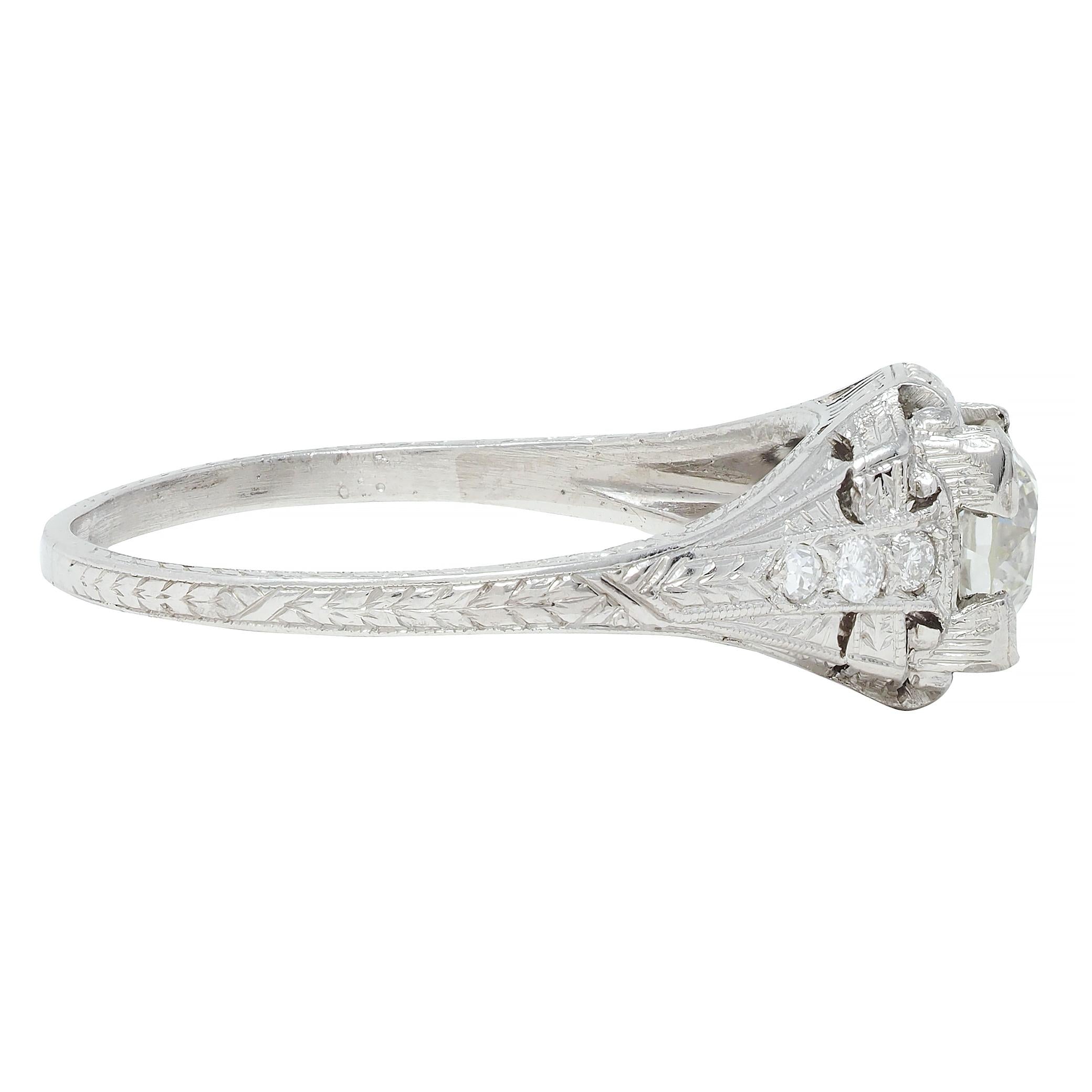 Art Deco 0.88 CTW Old European Cut Diamond Platinum Wheat Engagement Ring