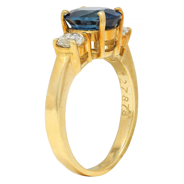 Vintage 2.32 CTW Sapphire Diamond 18 Karat Yellow Gold Three Stone Ring GIA