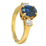 Vintage 2.32 CTW Sapphire Diamond 18 Karat Yellow Gold Three Stone Ring GIA