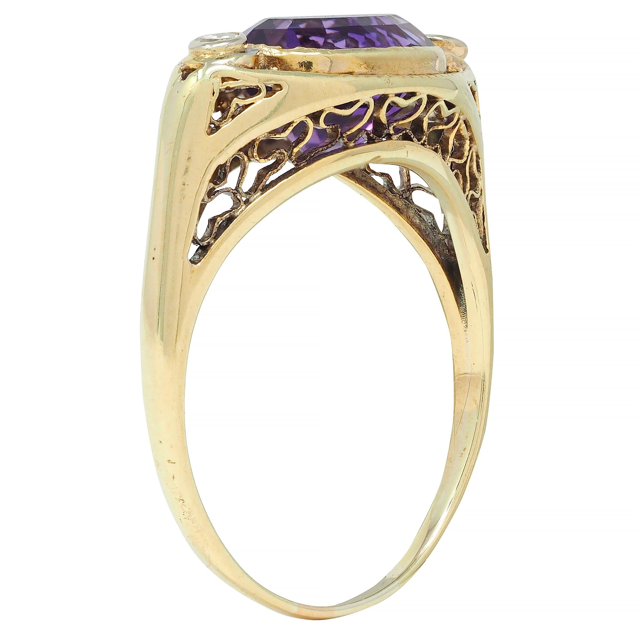Arts & Crafts Amethyst Diamond 14 Karat Yellow Gold Antique Heart Ring