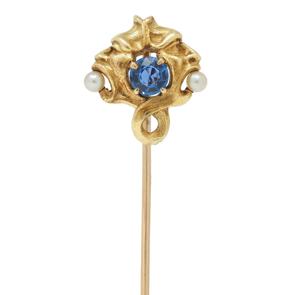 Art Nouveau Sapphire Pearl 14 Karat Yellow Gold Gargoyle Antique Stickpin