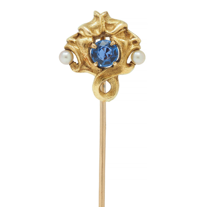 14K Yellow Gold Diamond and Sapphire Stick Pin, Art Nouveau, Circa