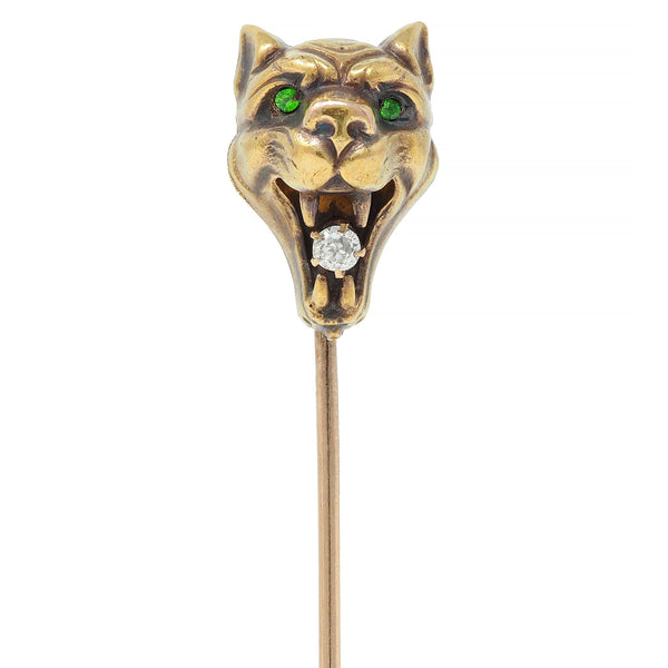 Art Nouveau Diamond Demantoid Garnet 14 Karat Yellow Gold Lion Antique Stickpin