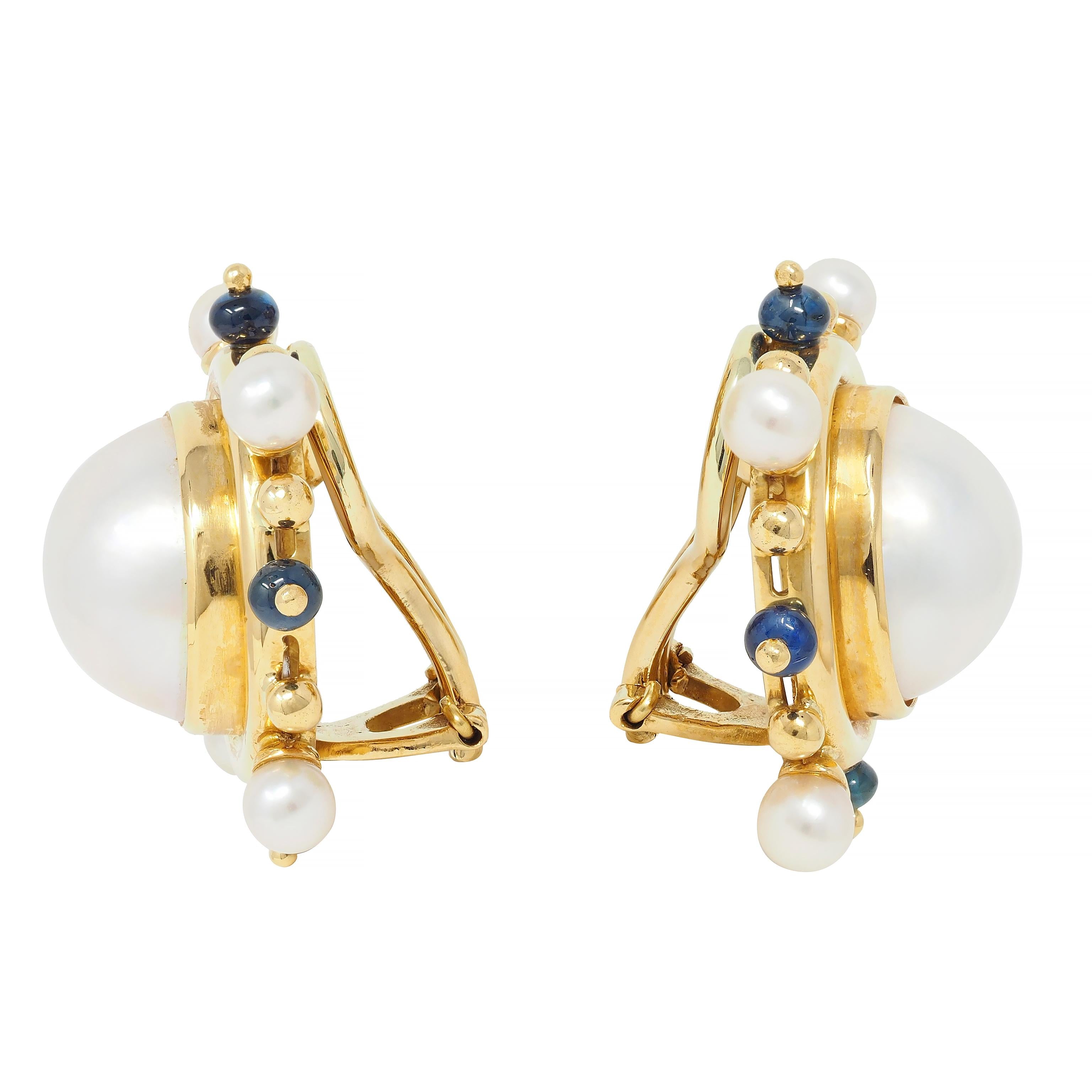 Elizabeth Locke Button Pearl Sapphire 18 Karat Yellow Gold Earrings