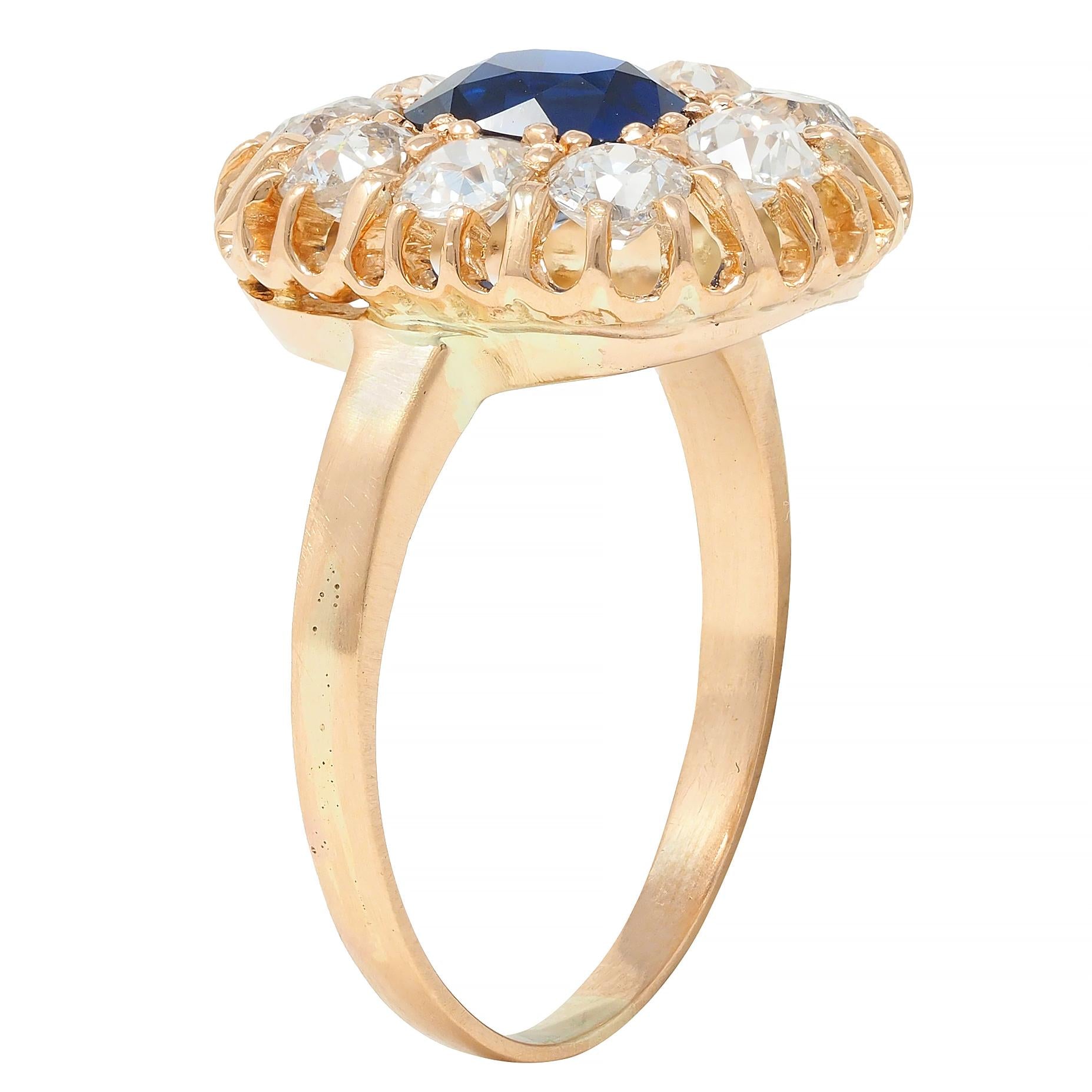 Victorian 2.86 CTW No Heat Sapphire Diamond 18 Karat Gold Halo Ring GIA