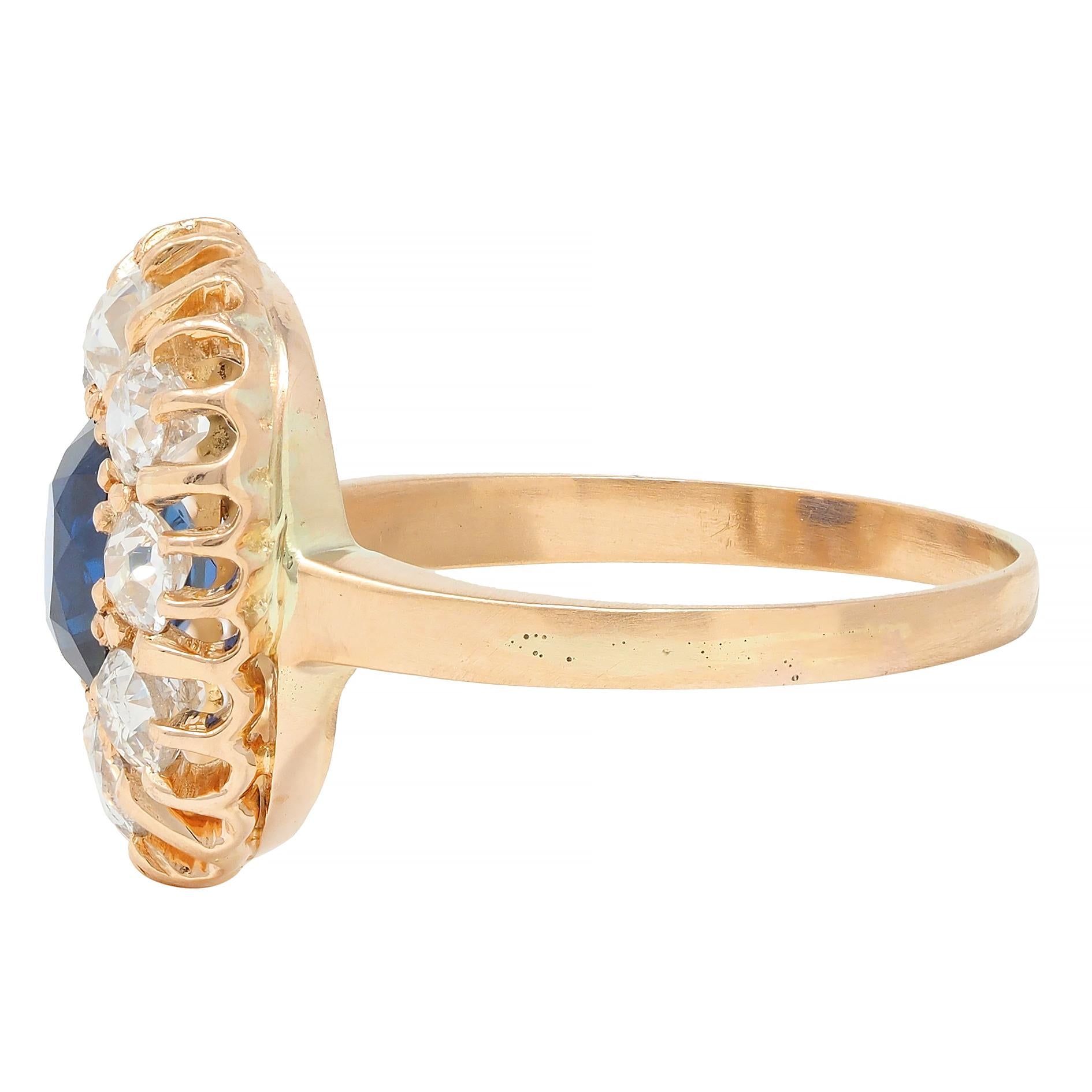 Victorian 2.86 CTW No Heat Sapphire Diamond 18 Karat Gold Halo Ring GIA