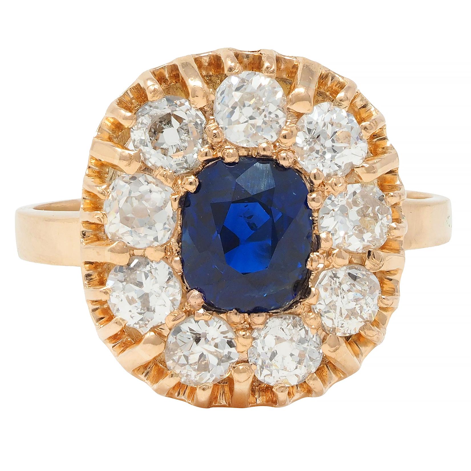 Victorian 2.86 CTW No Heat Sapphire Diamond 18 Karat Gold Halo Ring GIA